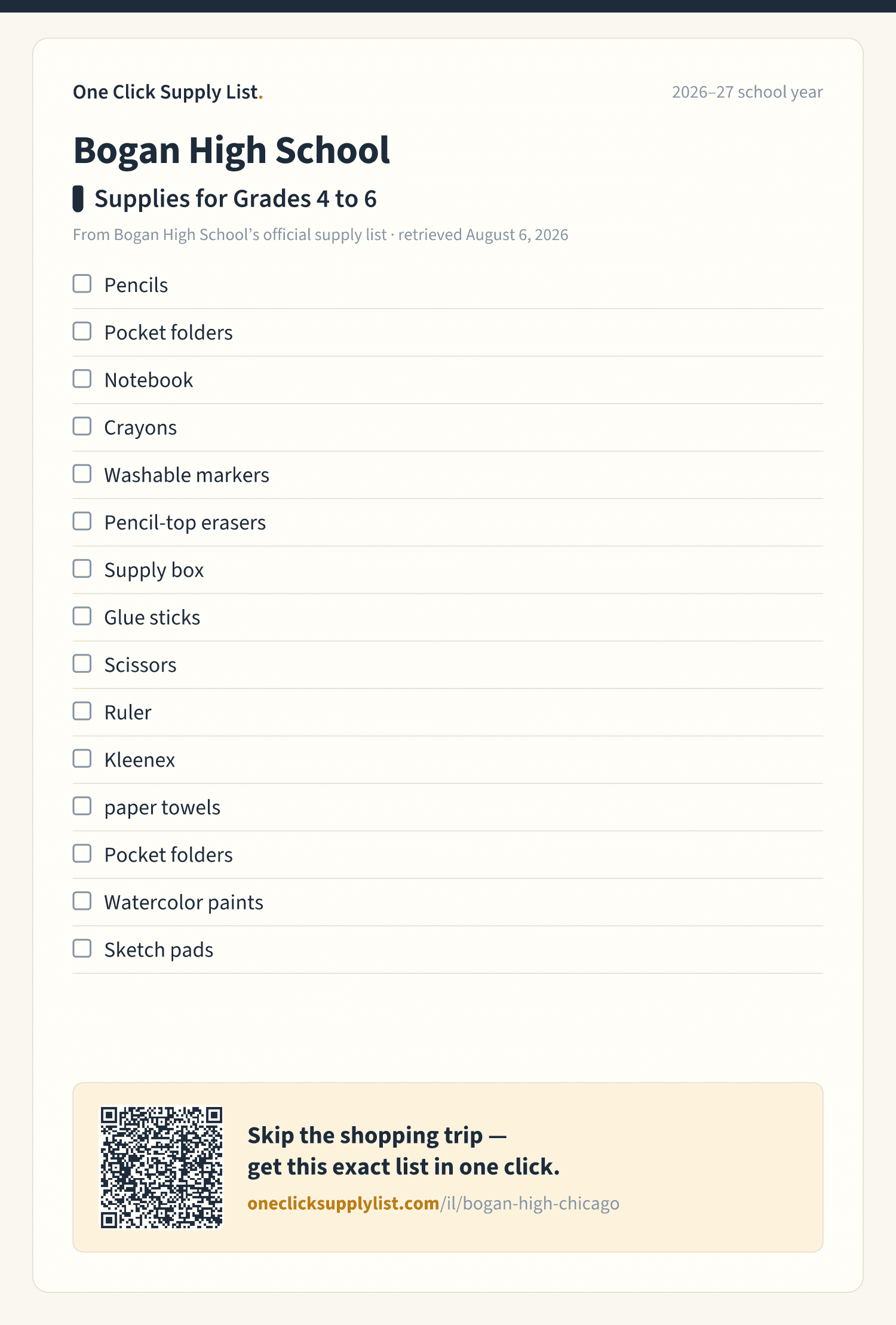 Bogan High School Supplies for Grades 4 to 6 supply list — printable image