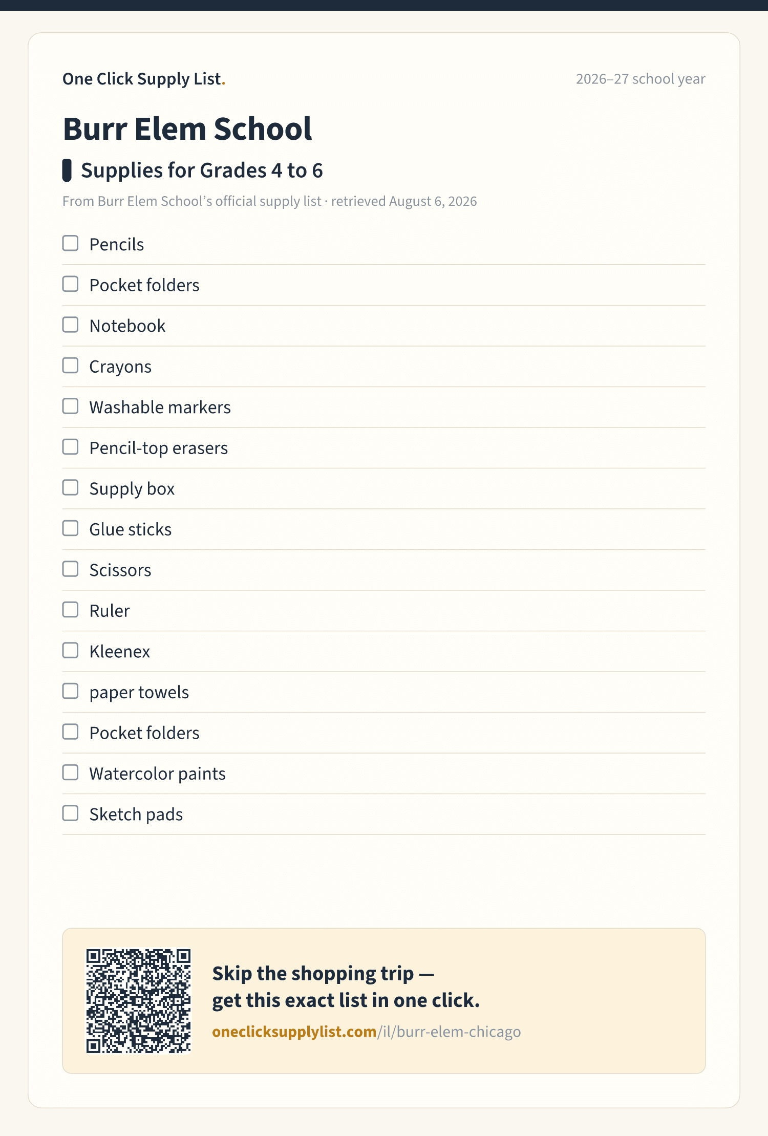 Burr Elem School Supplies for Grades 4 to 6 supply list — printable image