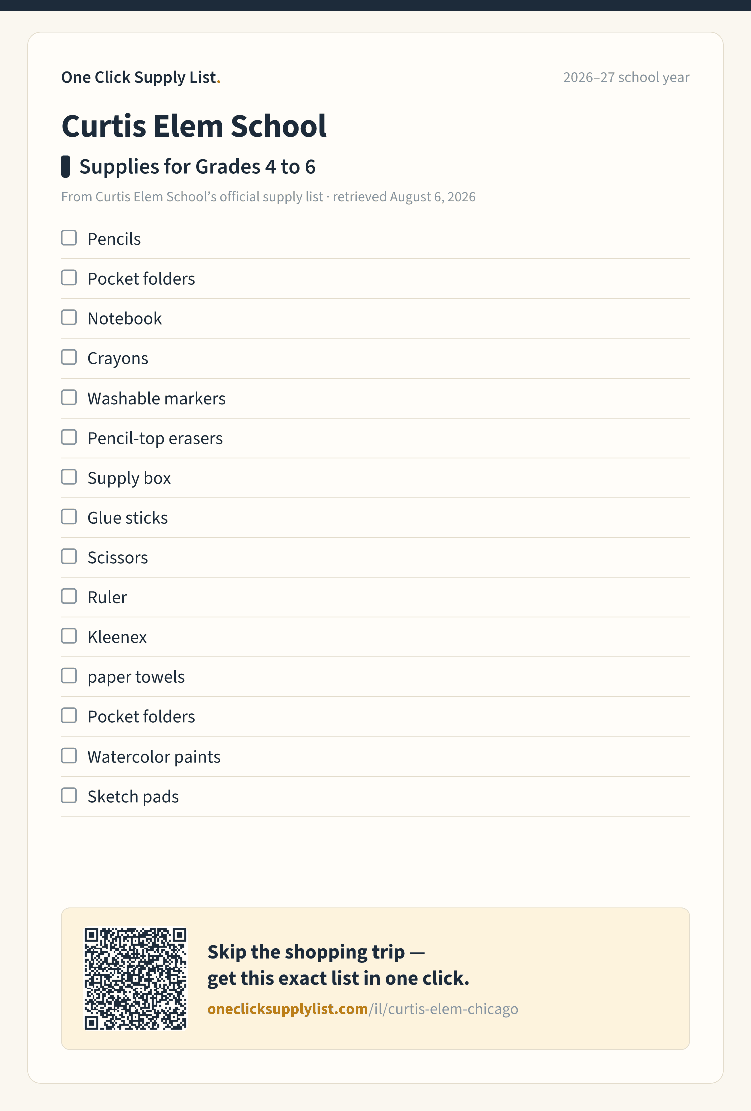 Curtis Elem School Supplies for Grades 4 to 6 supply list — printable image