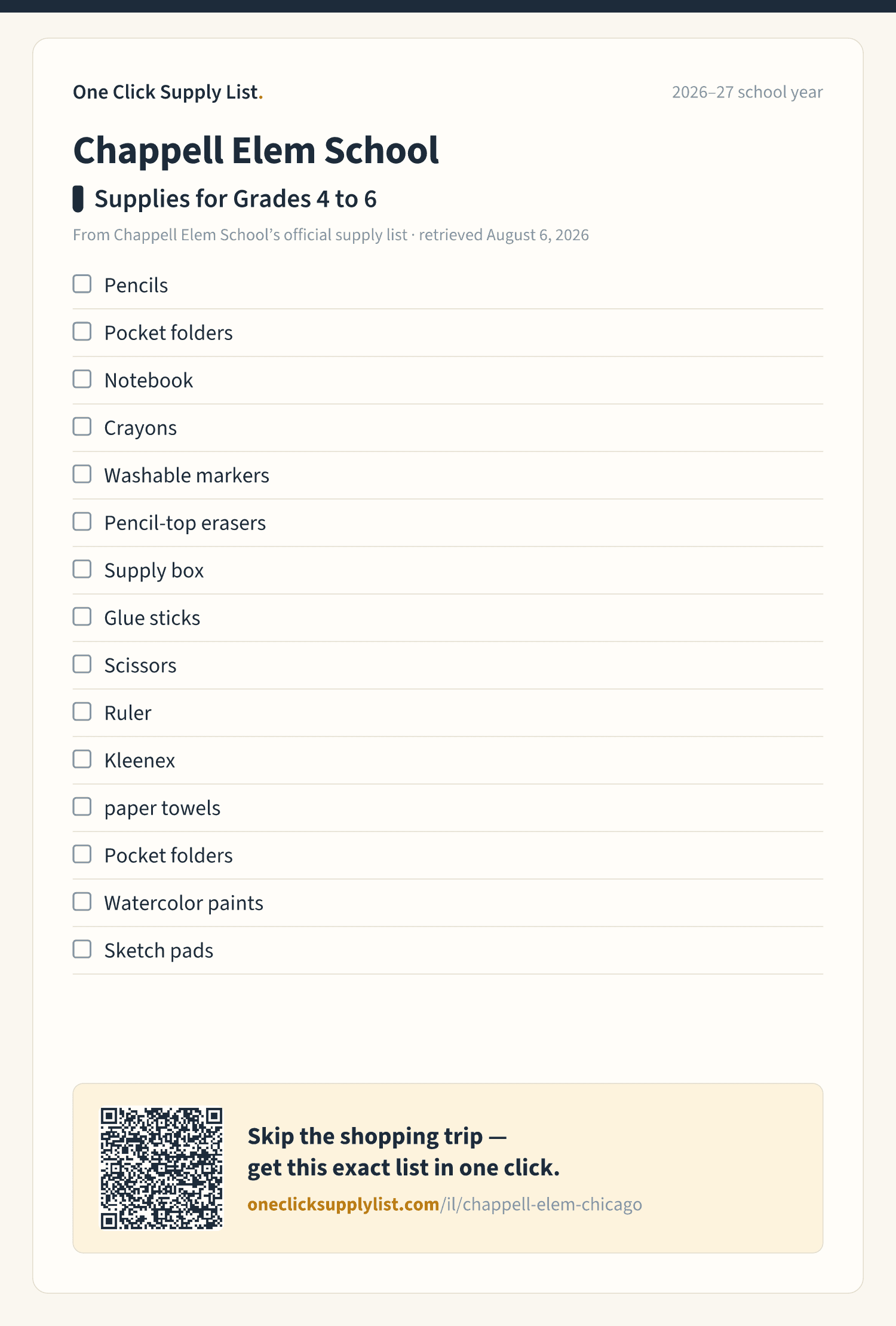 Chappell Elem School Supplies for Grades 4 to 6 supply list — printable image