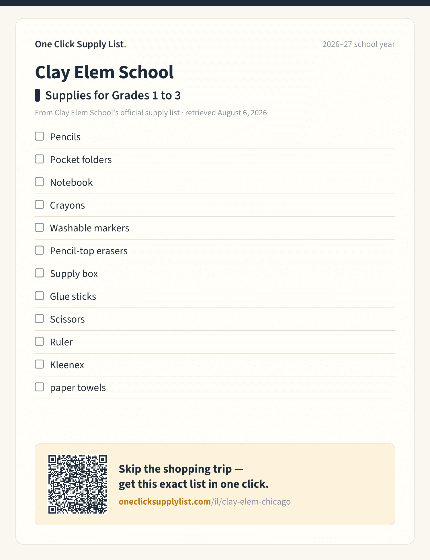 Clay Elem School Supplies for Grades 1 to 3 supply list — printable image