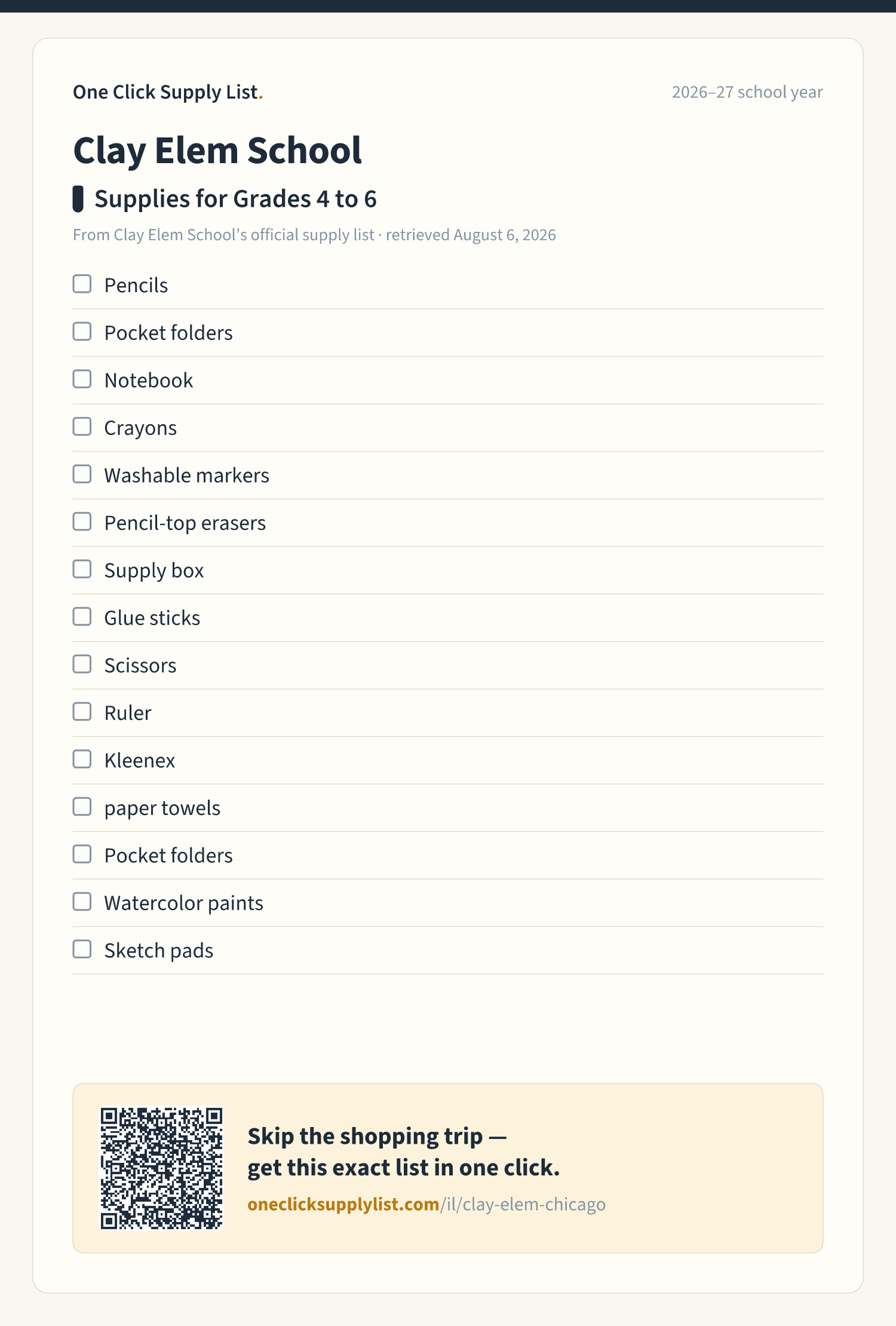 Clay Elem School Supplies for Grades 4 to 6 supply list — printable image
