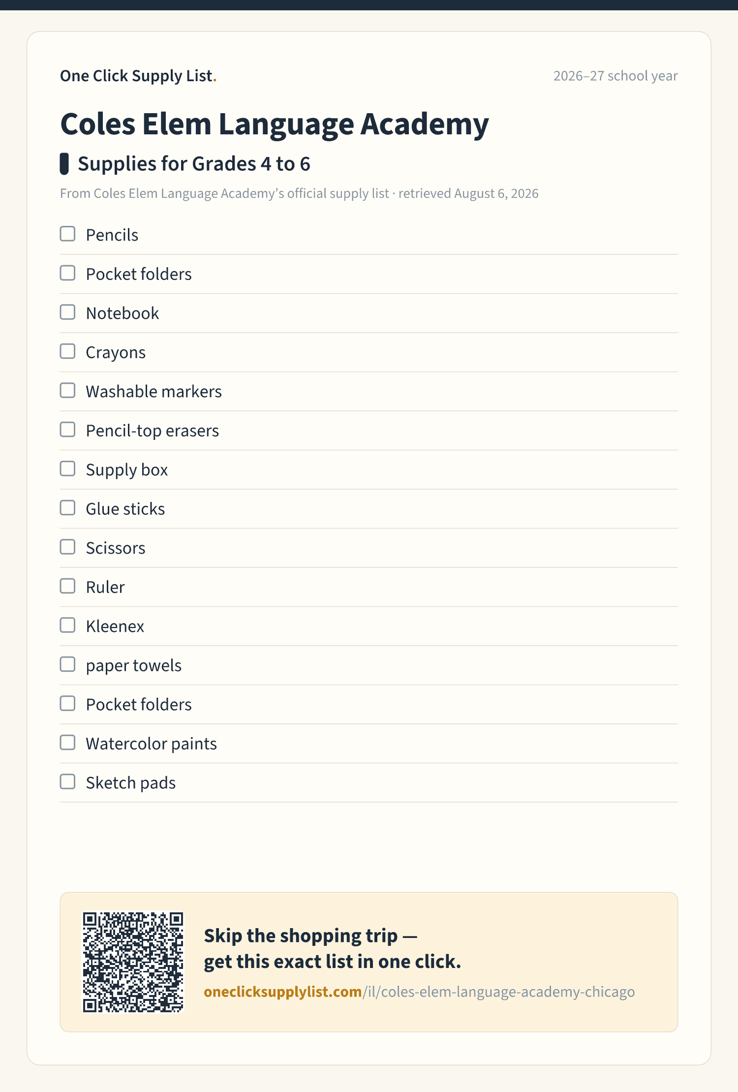 Coles Elem Language Academy Supplies for Grades 4 to 6 supply list — printable image