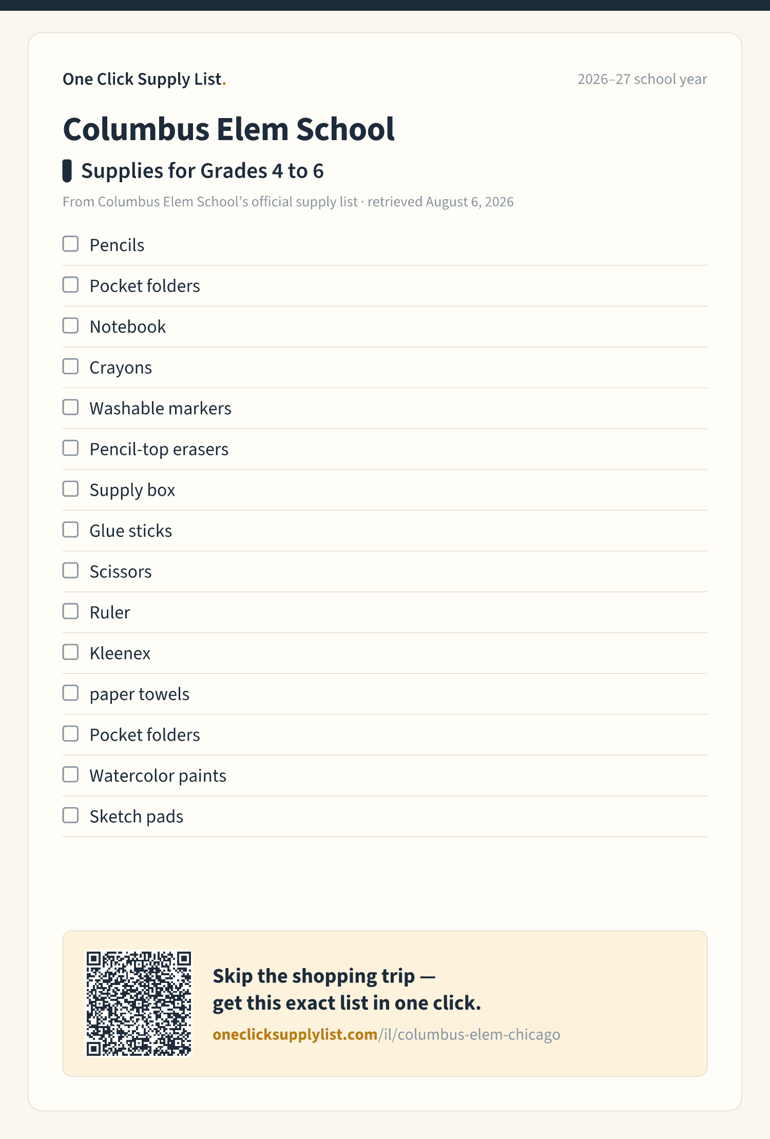 Columbus Elem School Supplies for Grades 4 to 6 supply list — printable image