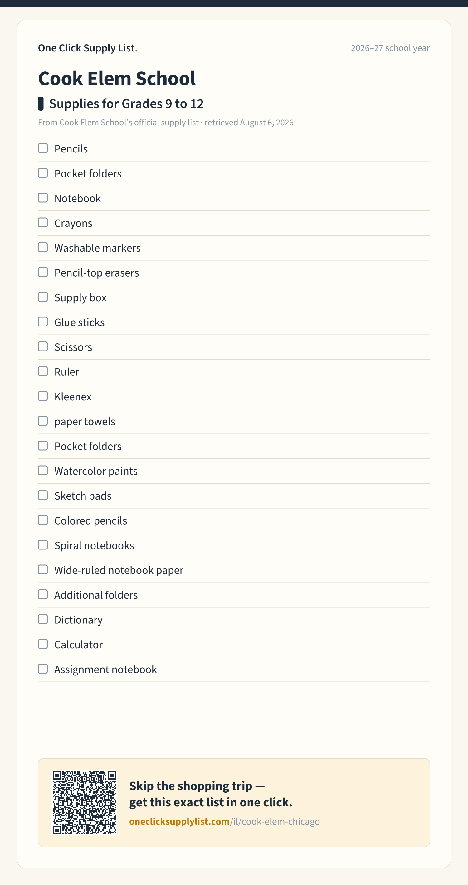 Cook Elem School Supplies for Grades 9 to 12 supply list — printable image