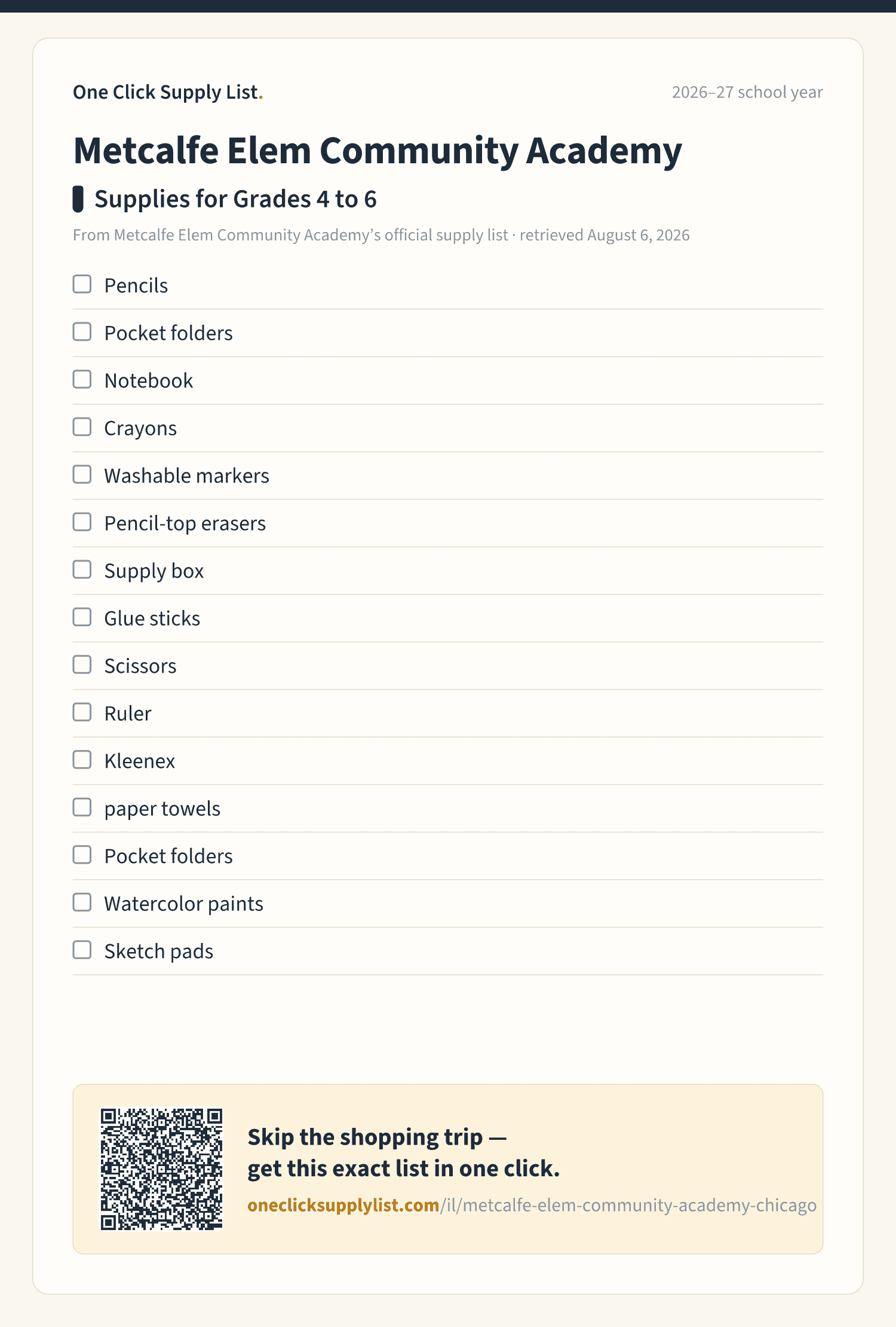 Metcalfe Elem Community Academy Supplies for Grades 4 to 6 supply list — printable image