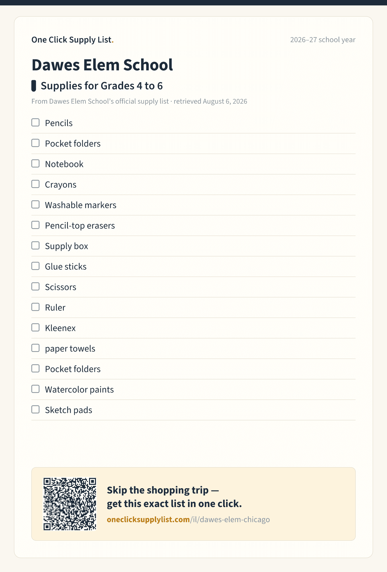 Dawes Elem School Supplies for Grades 4 to 6 supply list — printable image