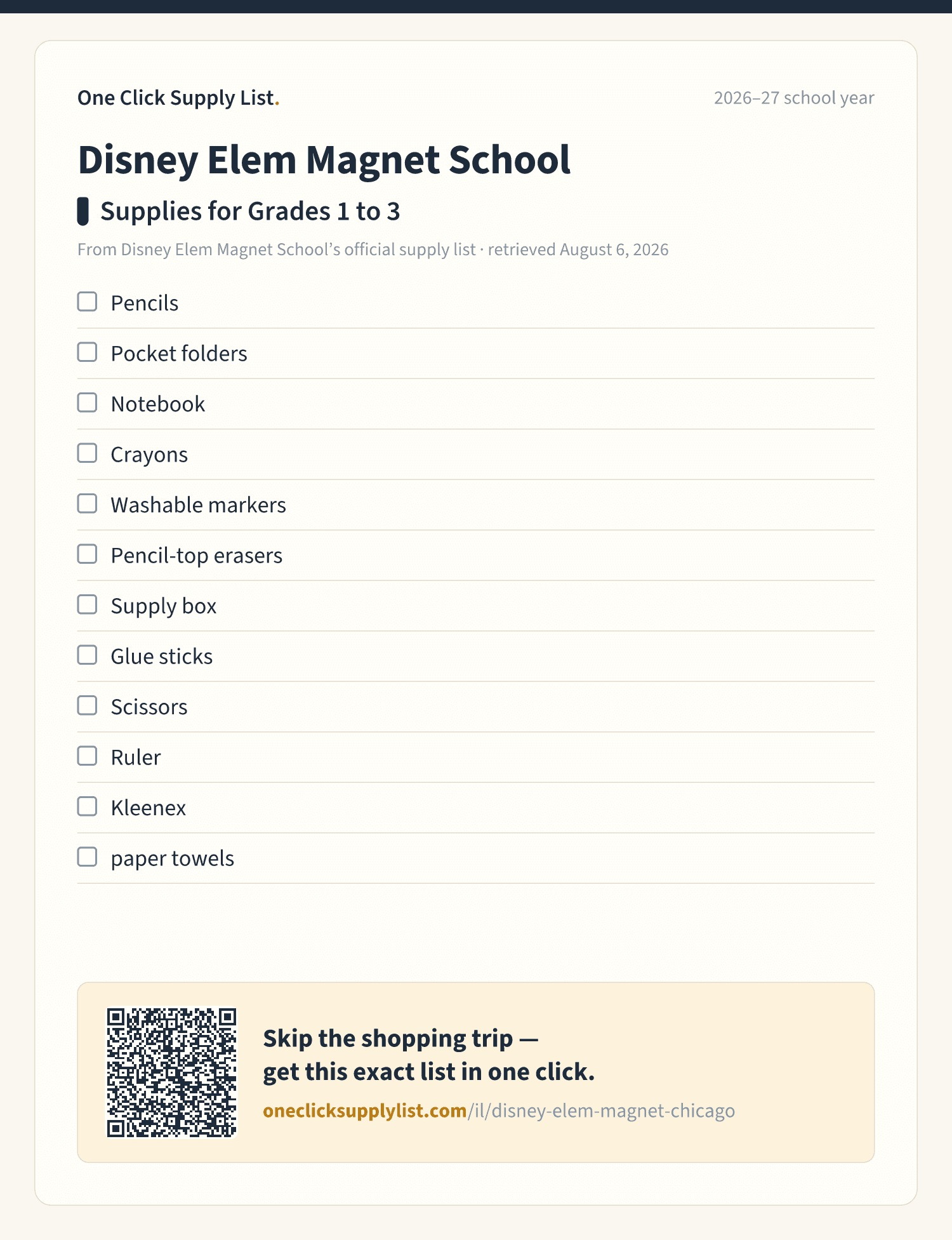 Disney Elem Magnet School Supplies for Grades 1 to 3 supply list — printable image