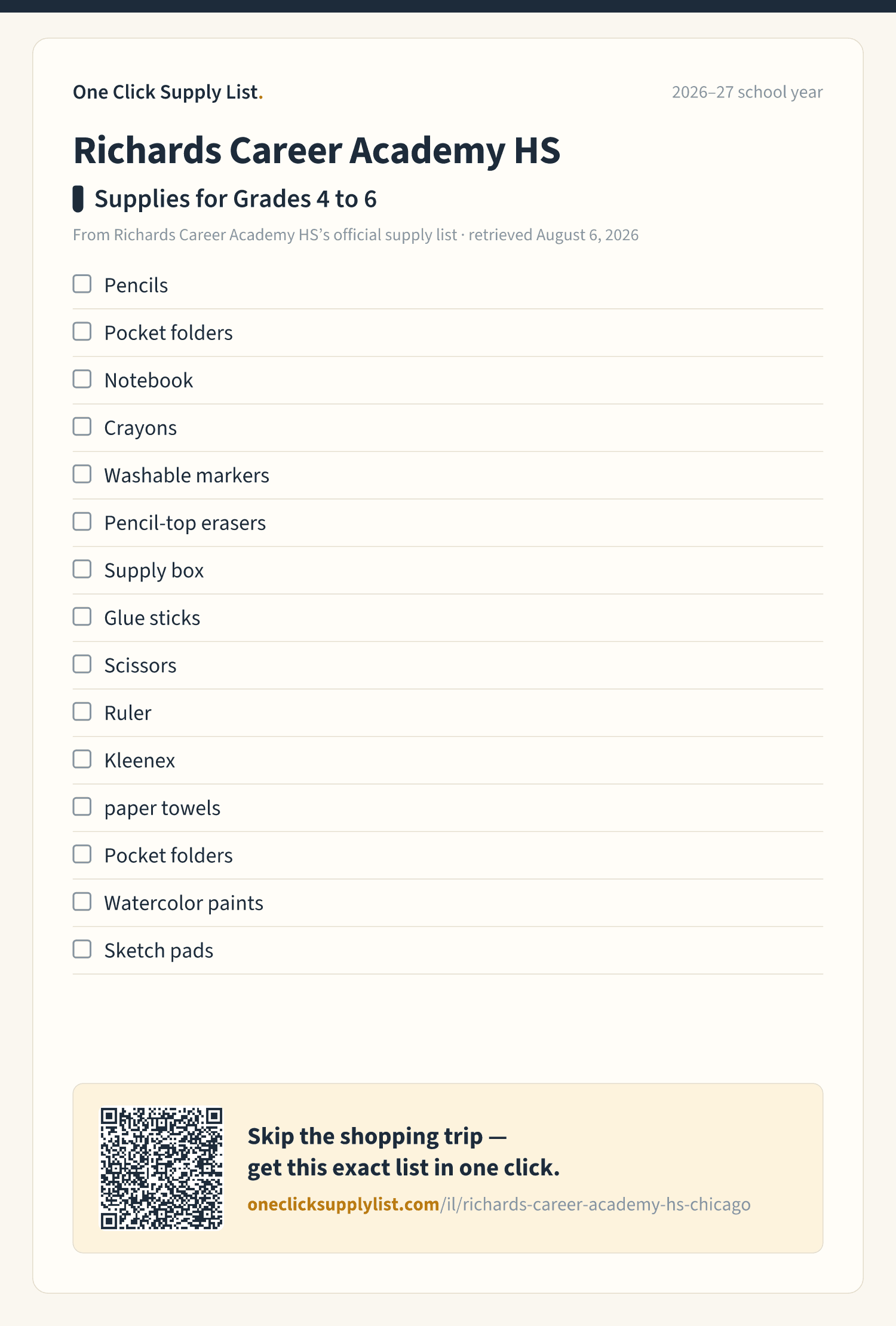 Richards Career Academy HS Supplies for Grades 4 to 6 supply list — printable image