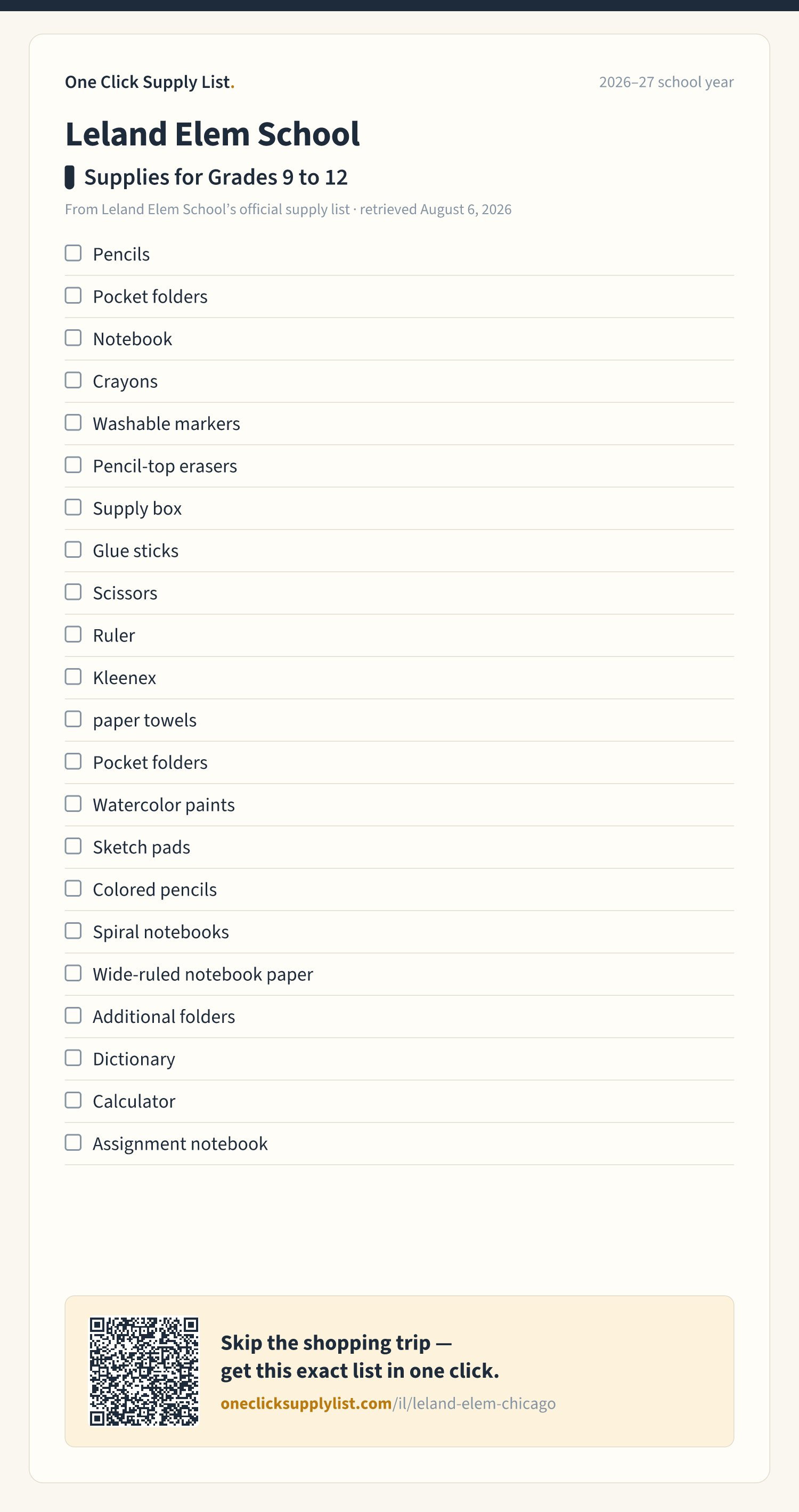 Leland Elem School Supplies for Grades 9 to 12 supply list — printable image