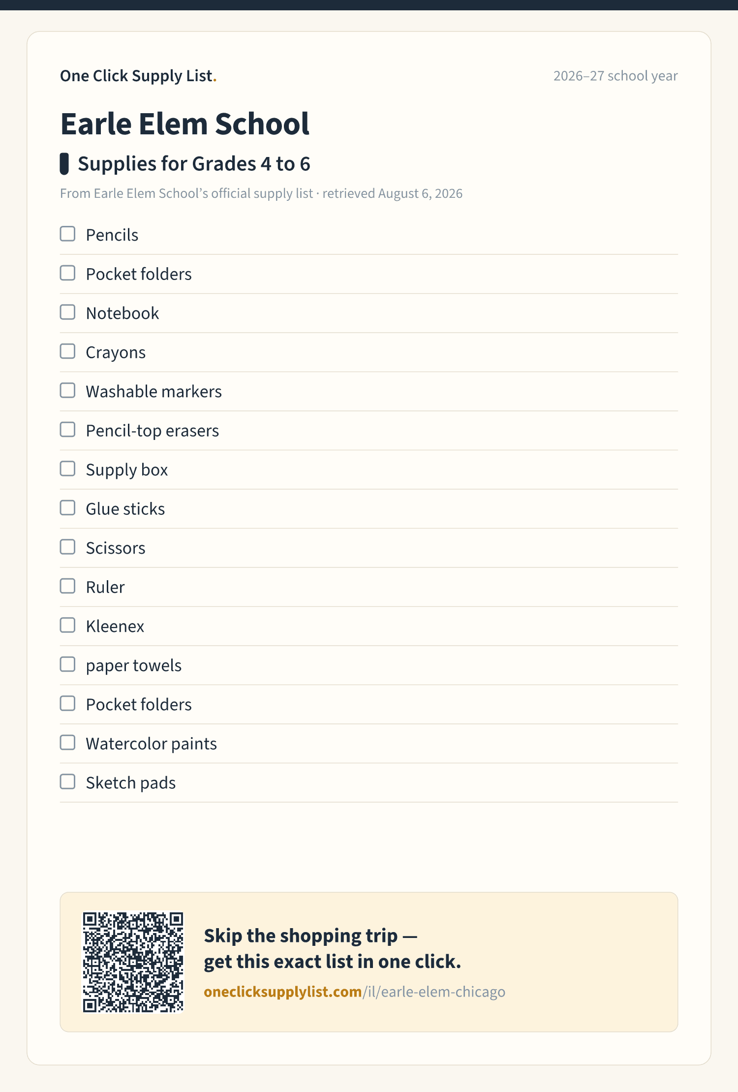 Earle Elem School Supplies for Grades 4 to 6 supply list — printable image