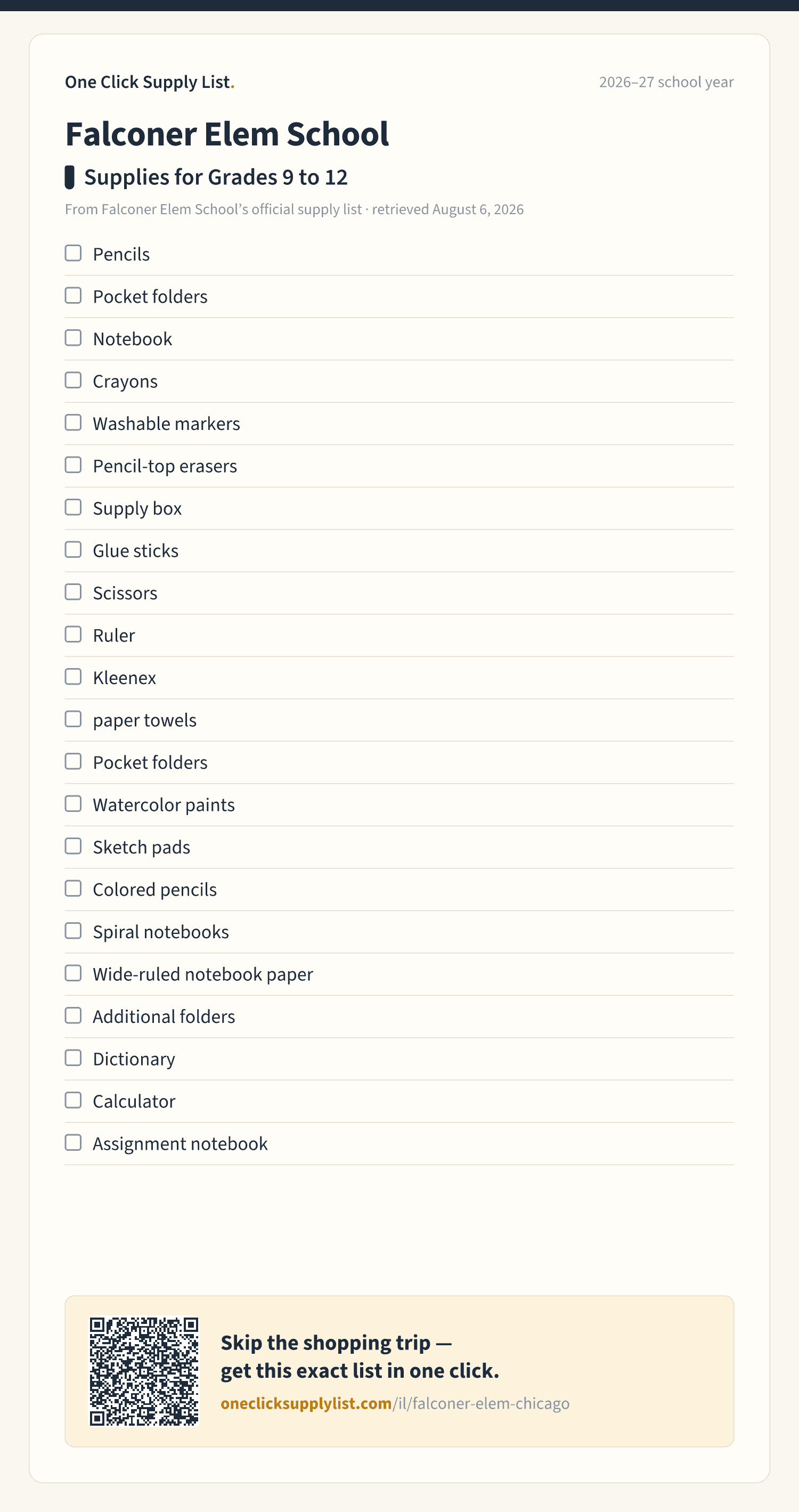 Falconer Elem School Supplies for Grades 9 to 12 supply list — printable image