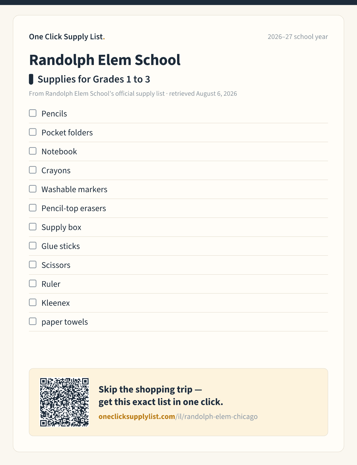 Randolph Elem School Supplies for Grades 1 to 3 supply list — printable image