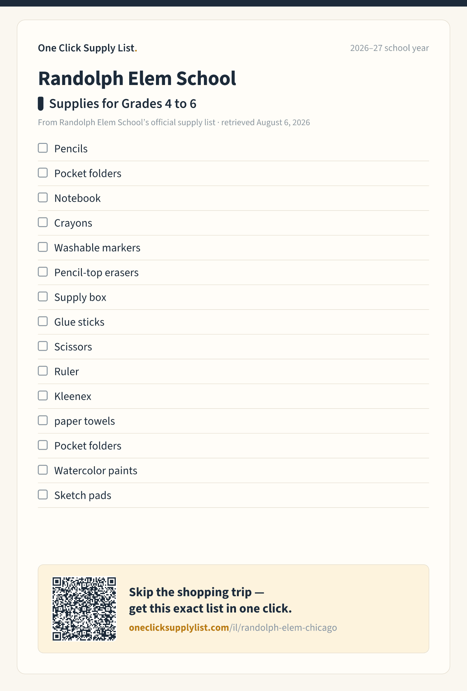 Randolph Elem School Supplies for Grades 4 to 6 supply list — printable image