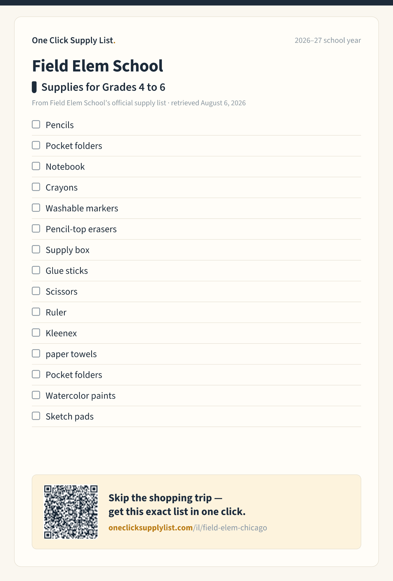 Field Elem School Supplies for Grades 4 to 6 supply list — printable image