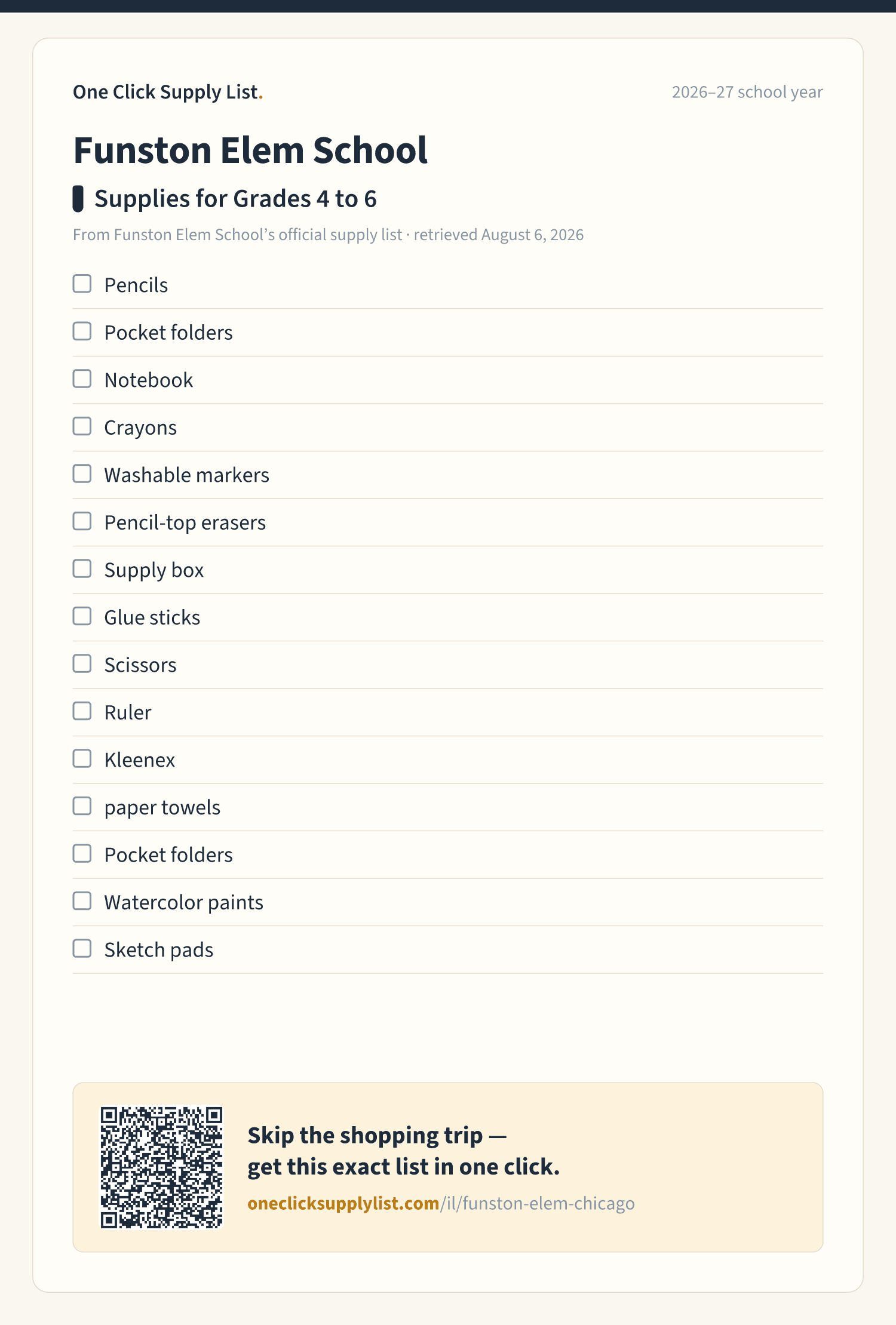 Funston Elem School Supplies for Grades 4 to 6 supply list — printable image