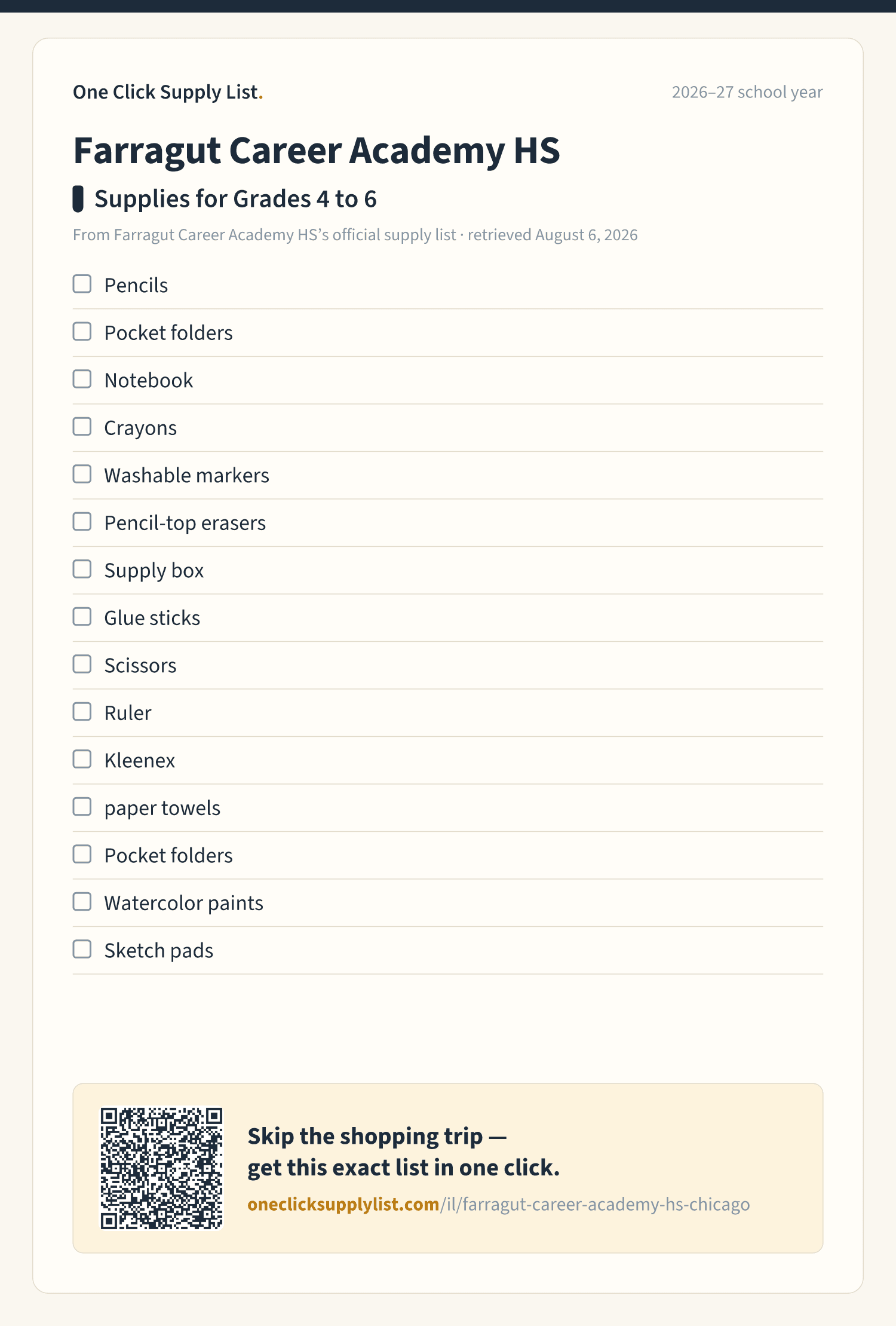 Farragut Career Academy HS Supplies for Grades 4 to 6 supply list — printable image