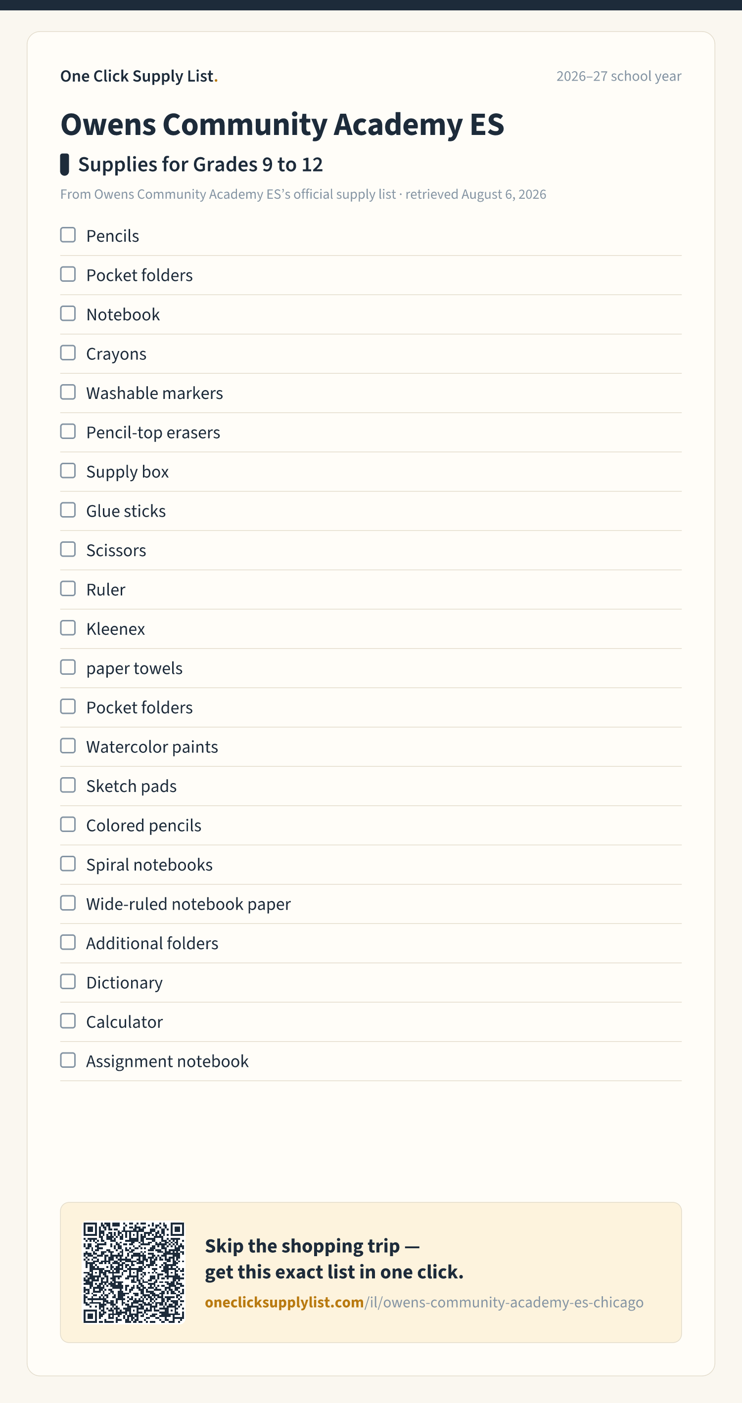 Owens Community Academy ES Supplies for Grades 9 to 12 supply list — printable image