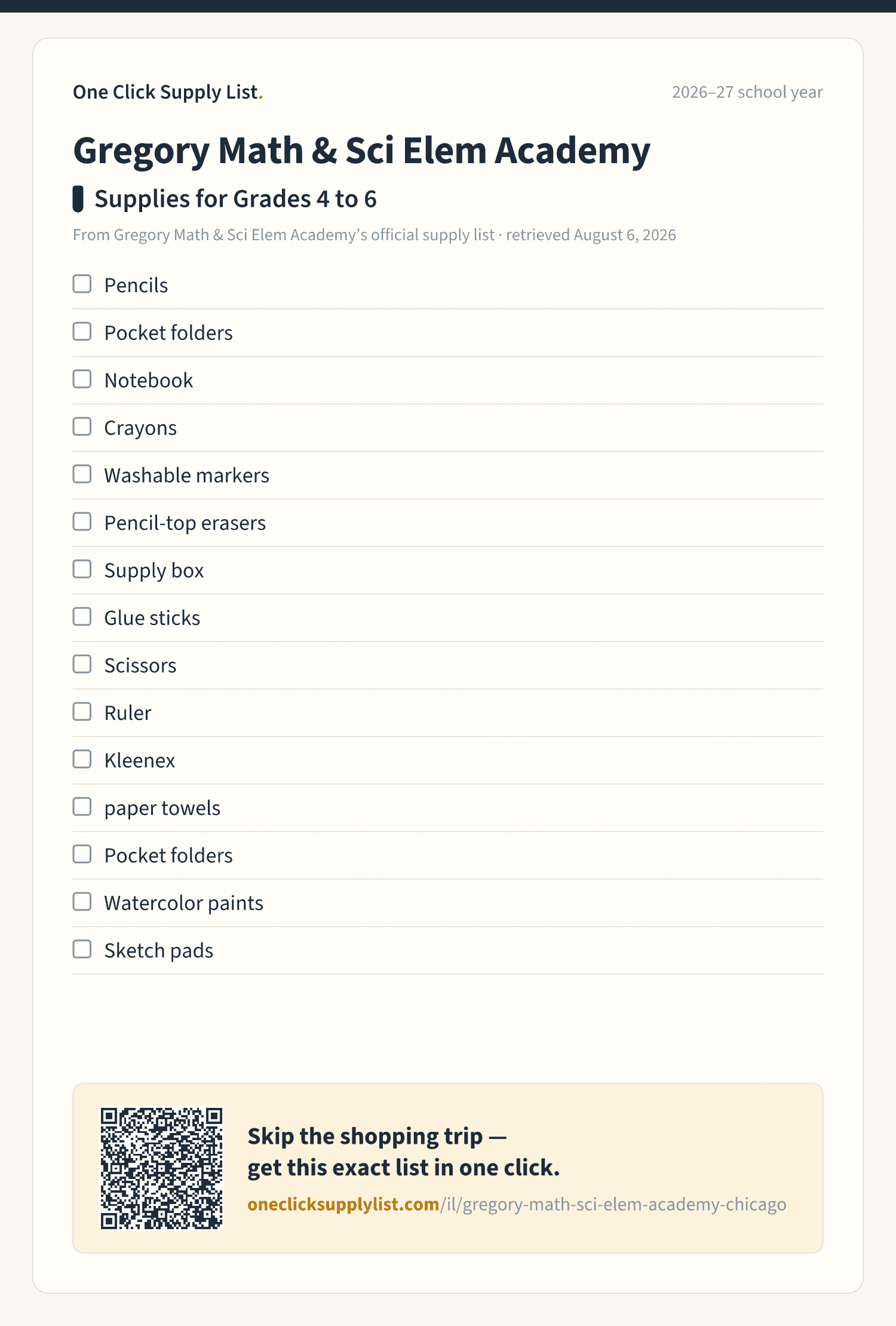 Gregory Math & Sci Elem Academy Supplies for Grades 4 to 6 supply list — printable image