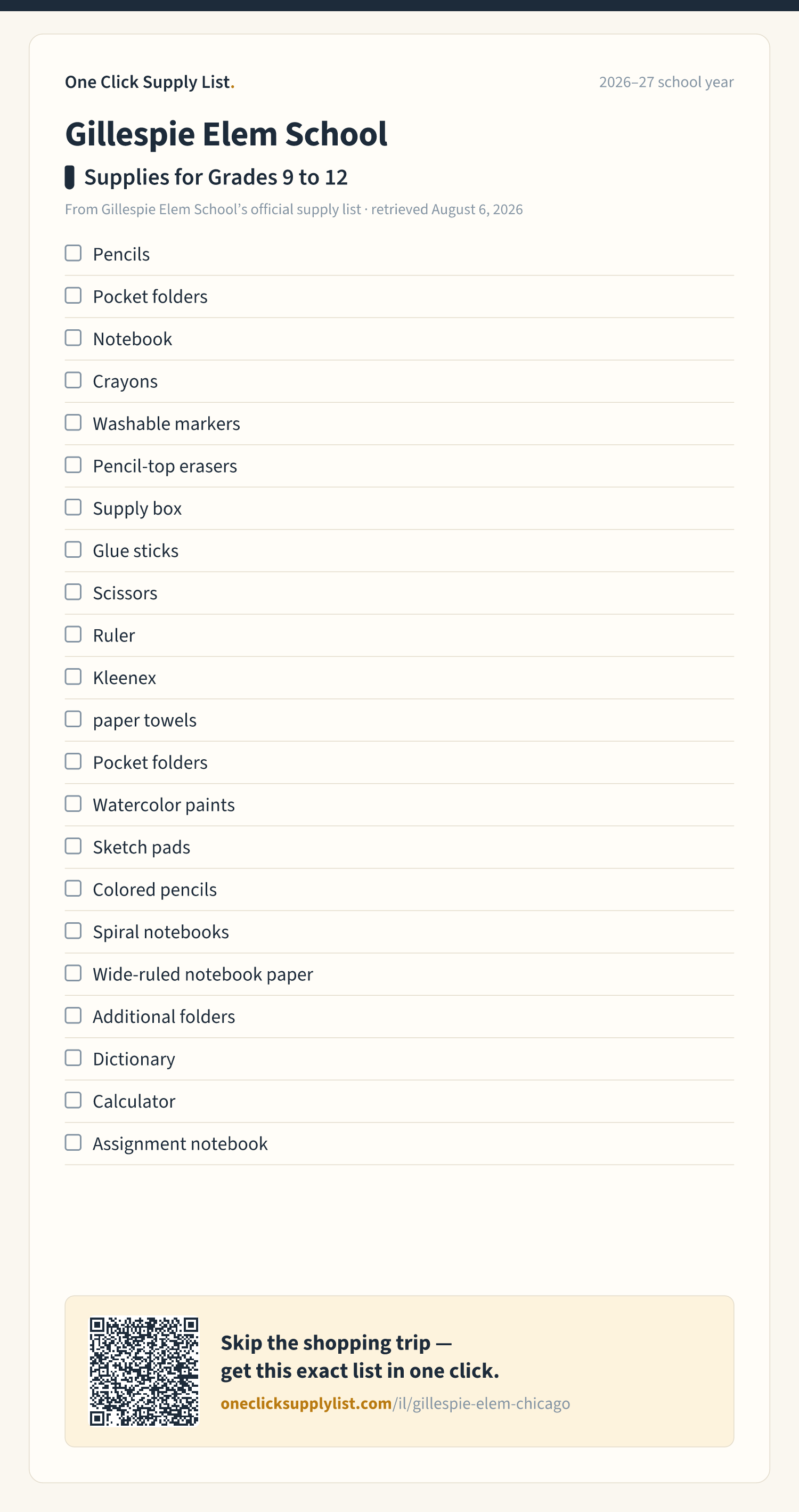 Gillespie Elem School Supplies for Grades 9 to 12 supply list — printable image