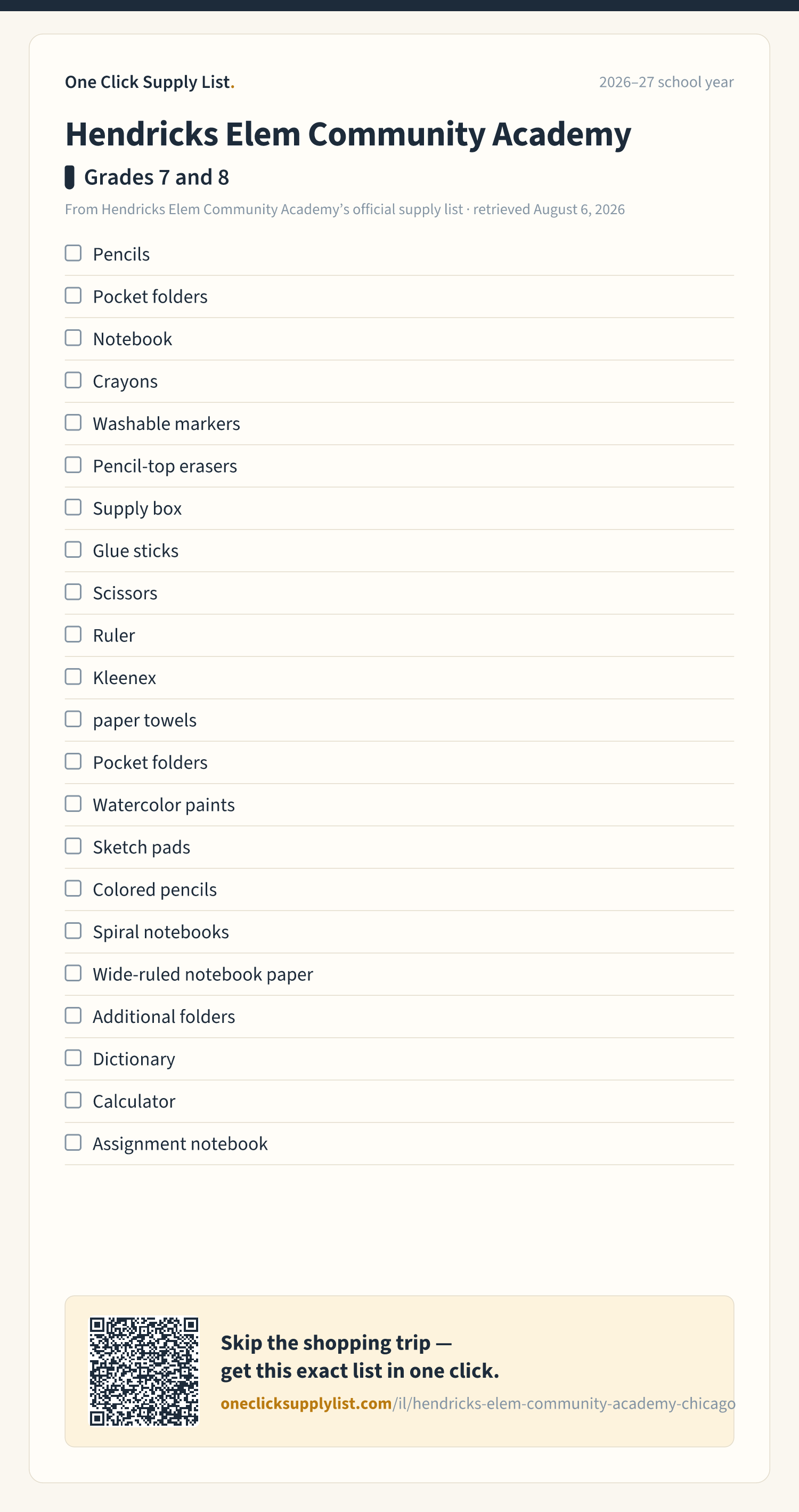 Hendricks Elem Community Academy Grades 7 and 8 supply list — printable image