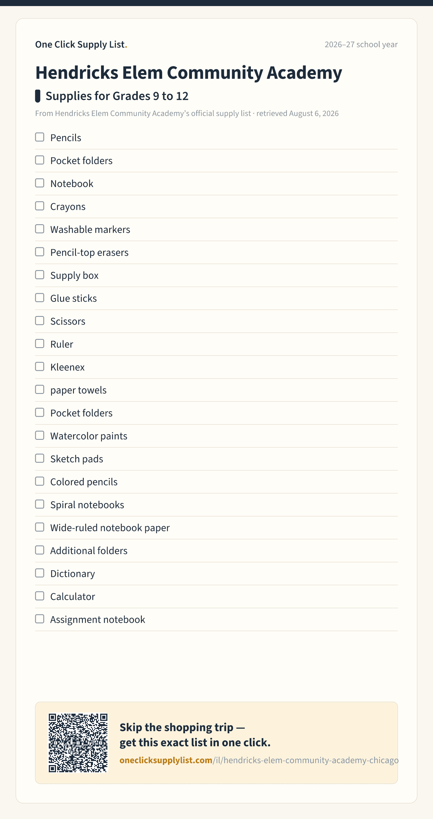 Hendricks Elem Community Academy Supplies for Grades 9 to 12 supply list — printable image