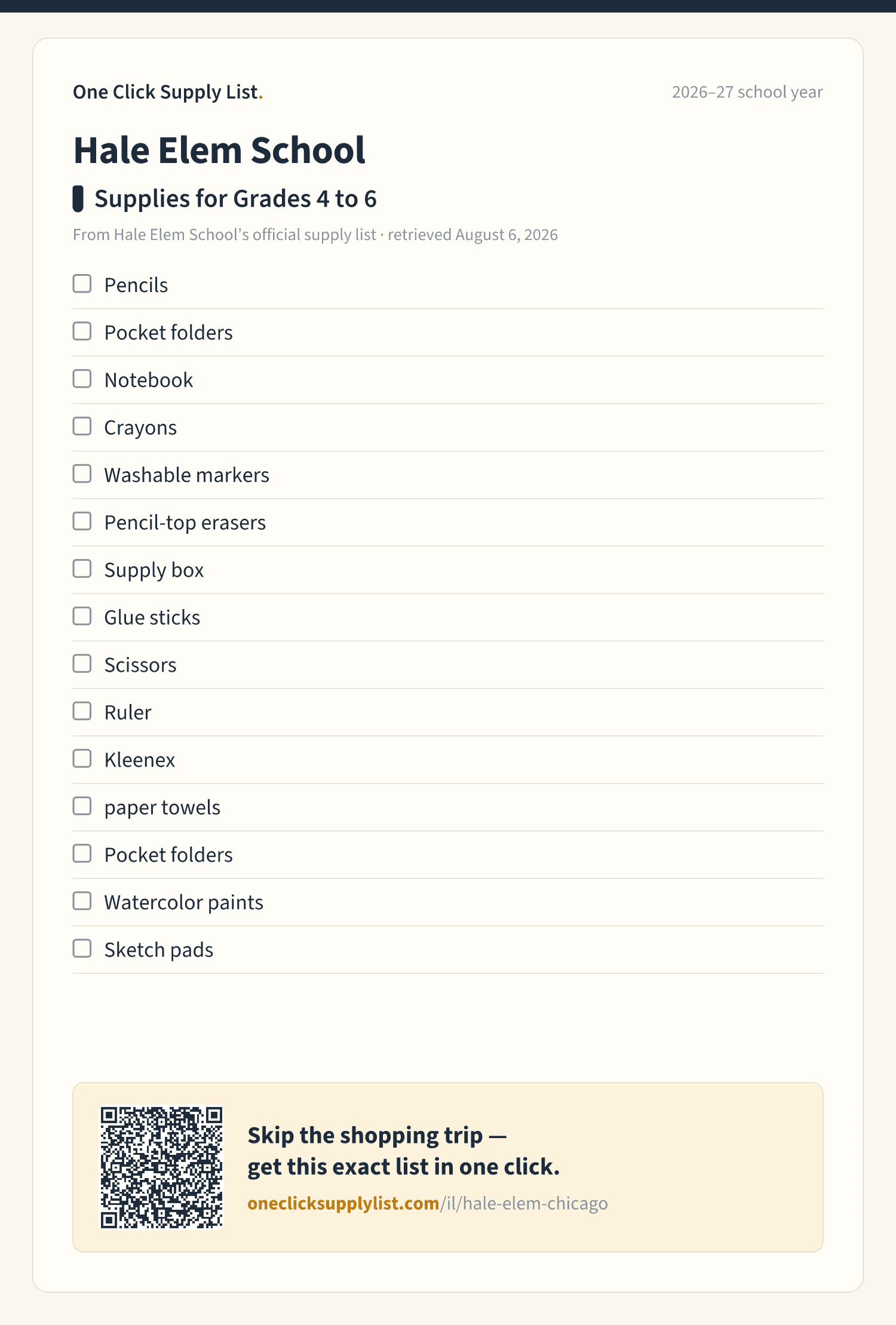 Hale Elem School Supplies for Grades 4 to 6 supply list — printable image