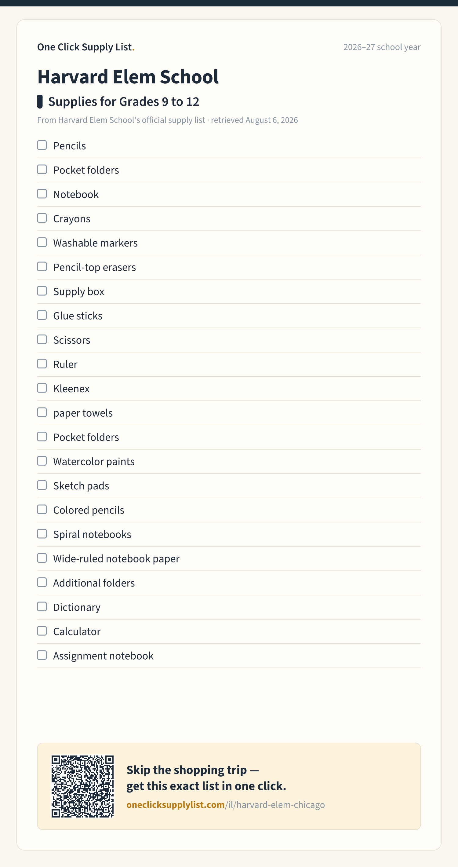 Harvard Elem School Supplies for Grades 9 to 12 supply list — printable image