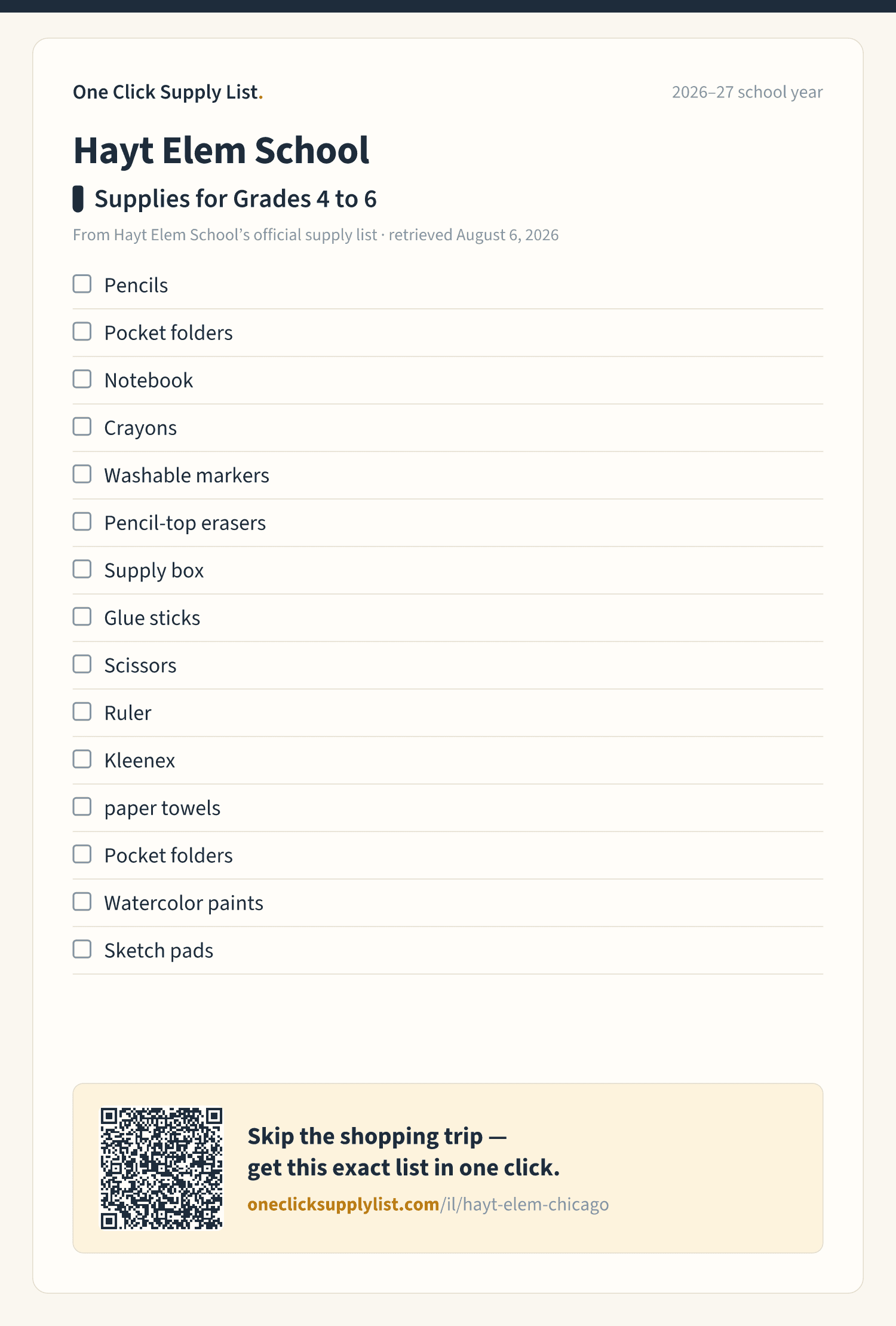 Hayt Elem School Supplies for Grades 4 to 6 supply list — printable image