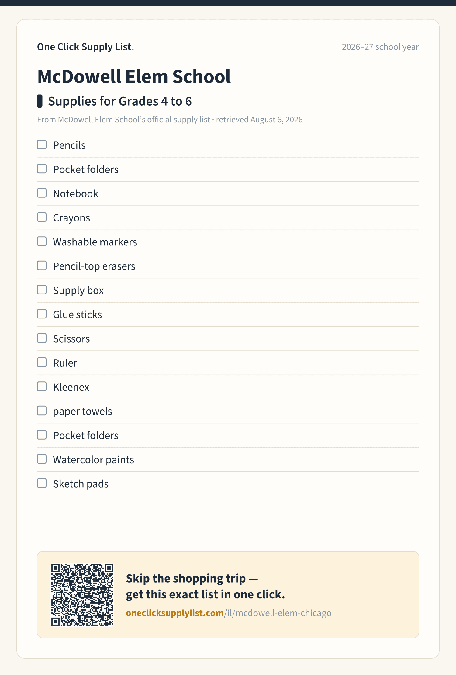 McDowell Elem School Supplies for Grades 4 to 6 supply list — printable image
