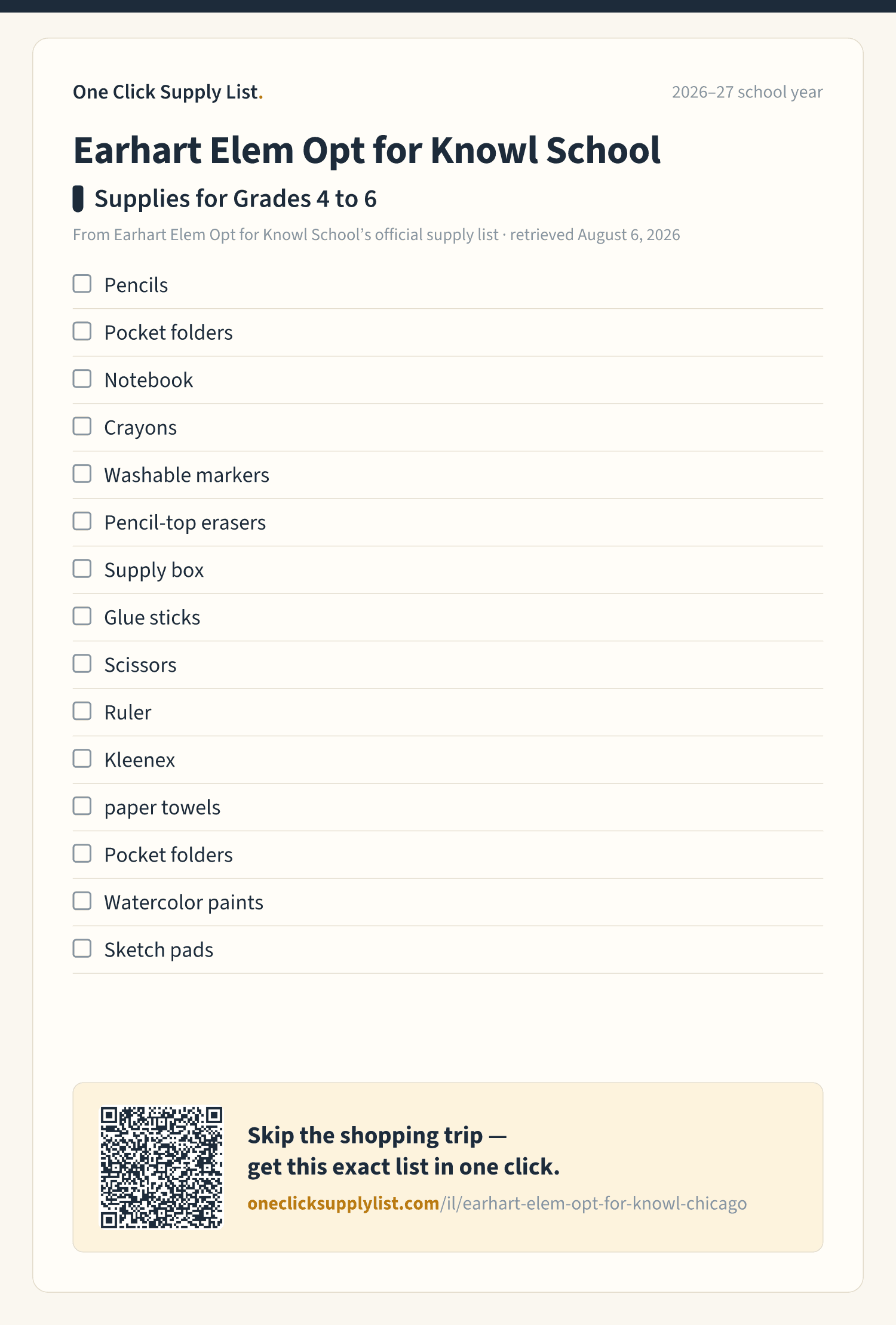 Earhart Elem Opt for Knowl School Supplies for Grades 4 to 6 supply list — printable image