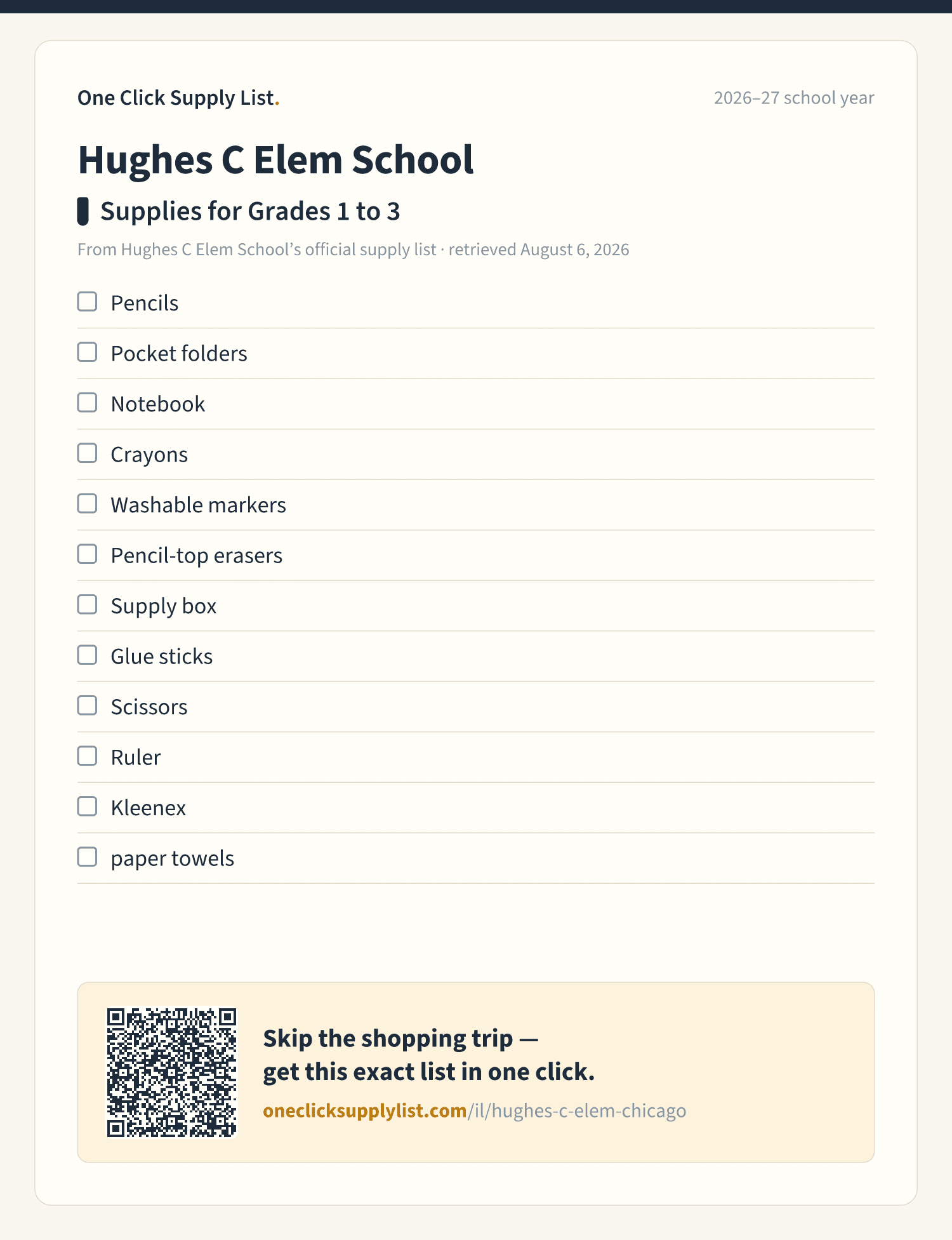 Hughes C Elem School Supplies for Grades 1 to 3 supply list — printable image