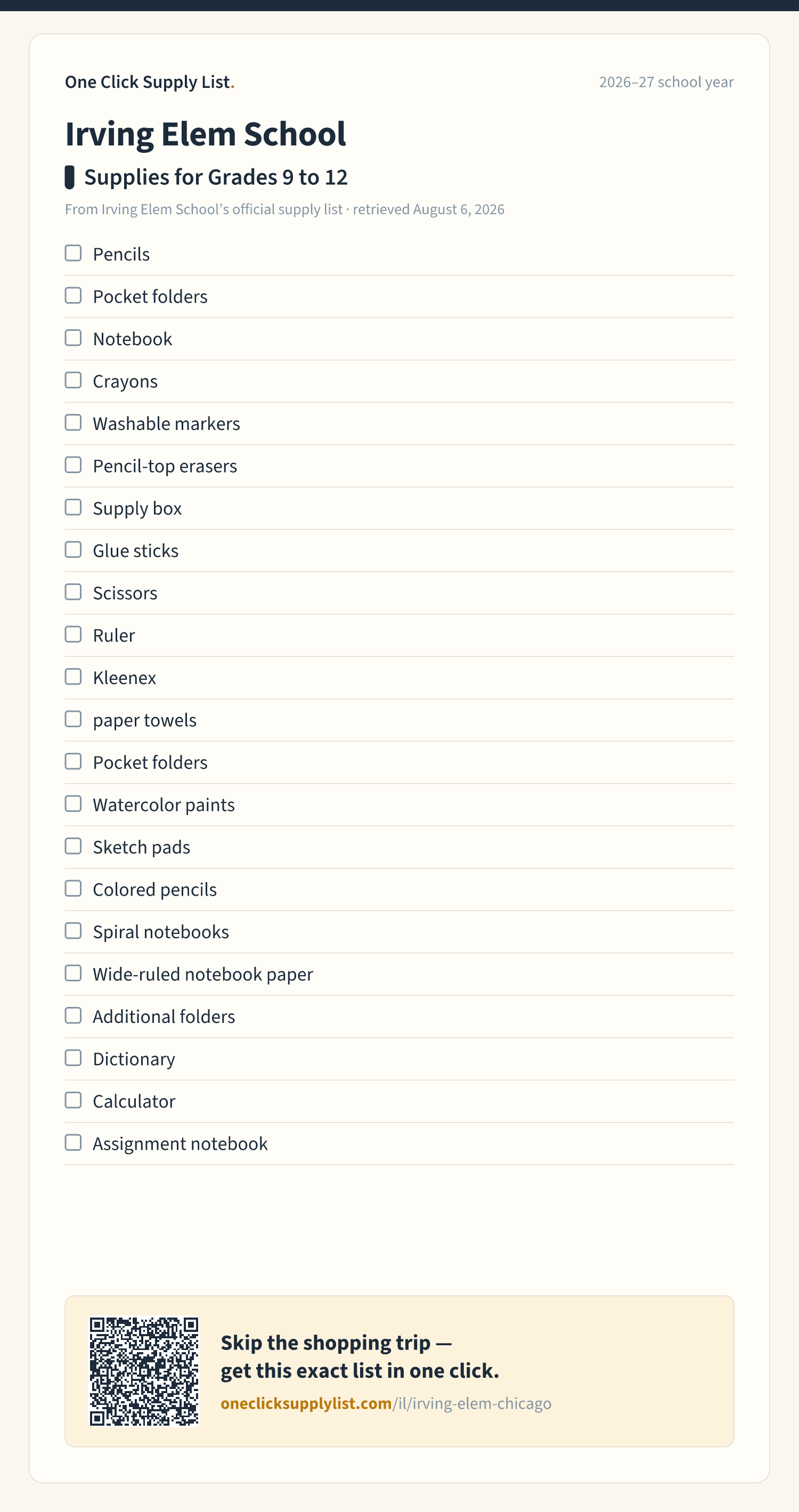 Irving Elem School Supplies for Grades 9 to 12 supply list — printable image