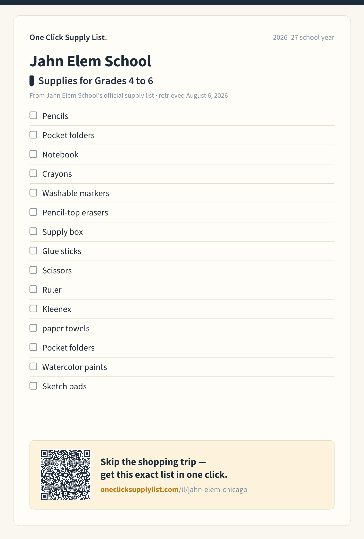Jahn Elem School Supplies for Grades 4 to 6 supply list — printable image