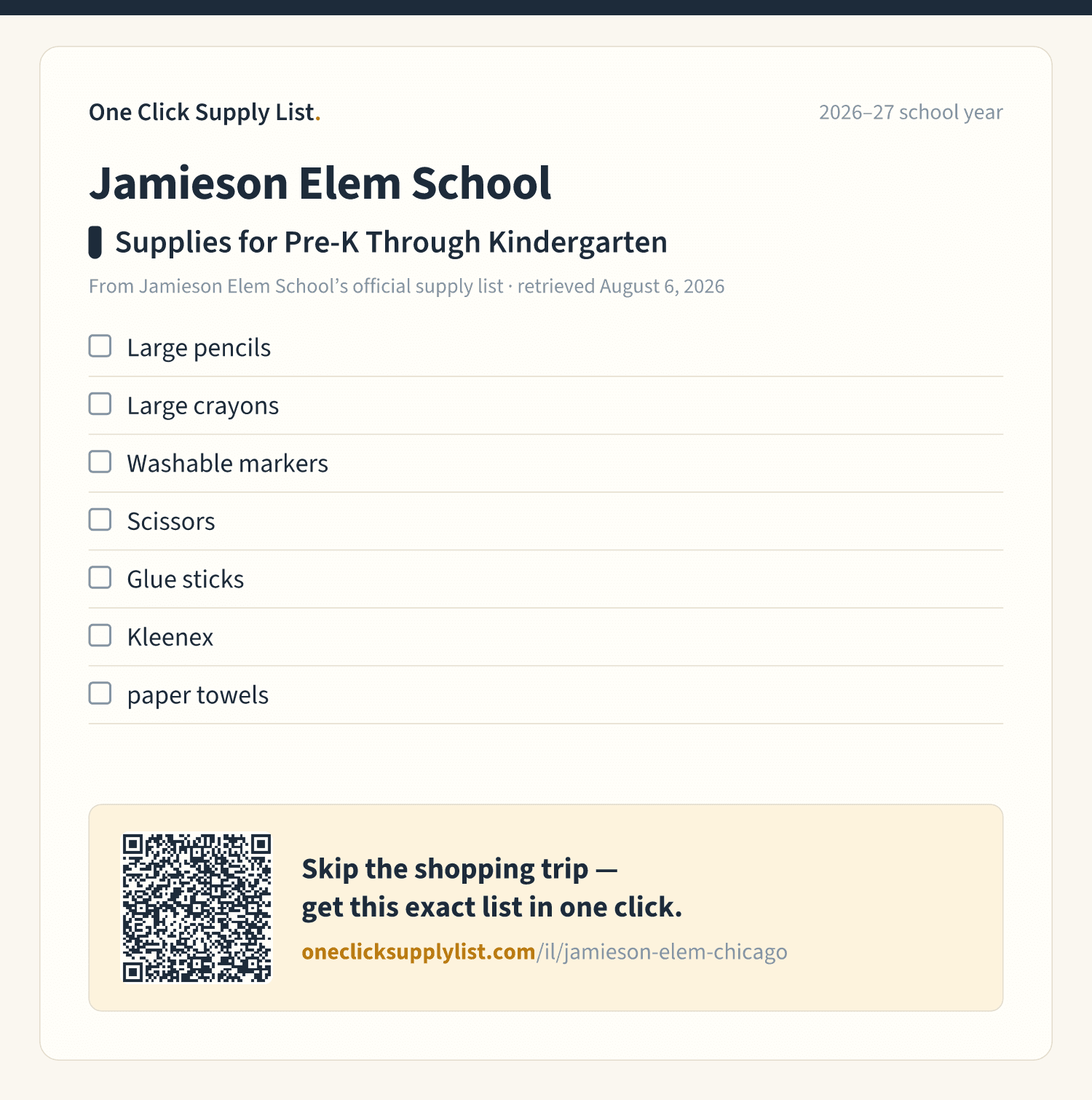 Jamieson Elem School Supplies for Pre-K Through Kindergarten supply list — printable image
