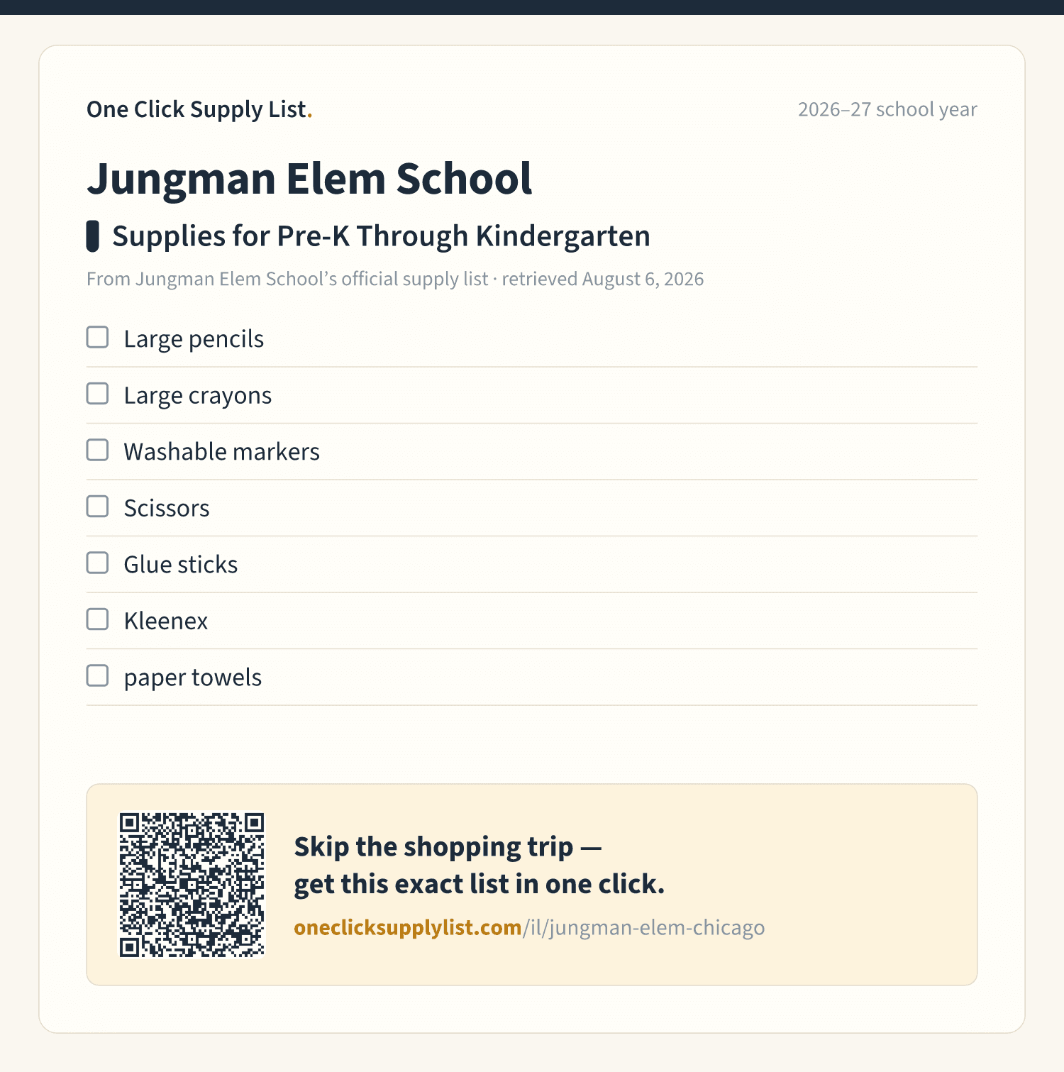 Jungman Elem School Supplies for Pre-K Through Kindergarten supply list — printable image