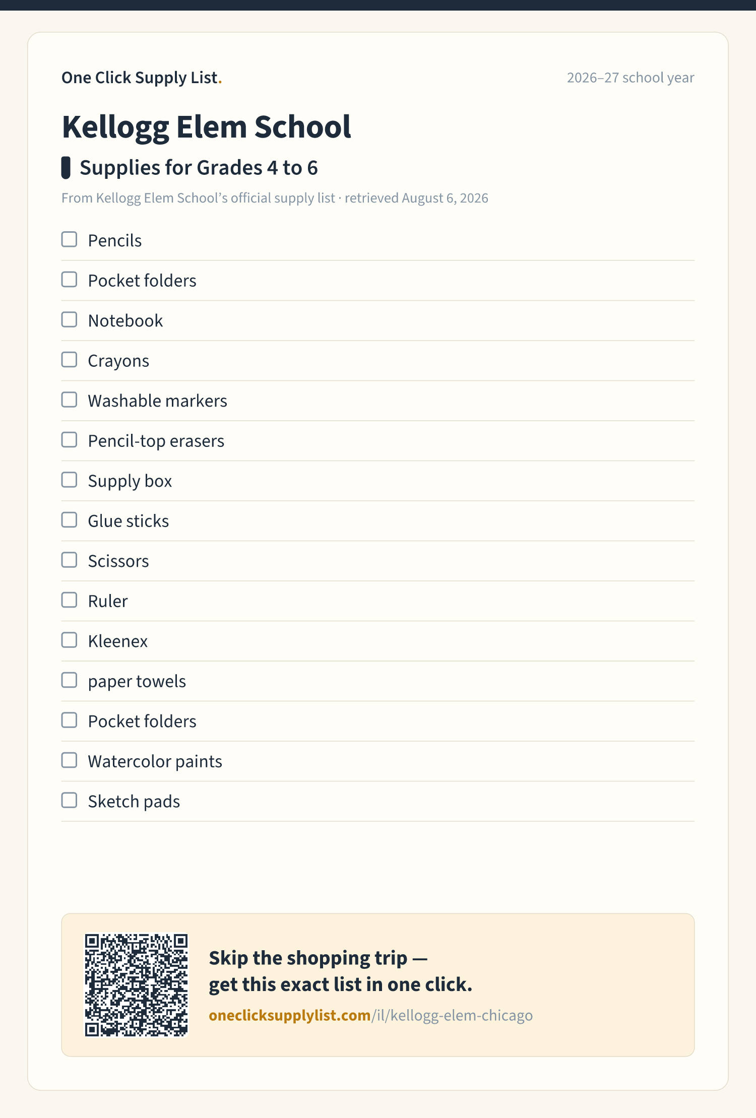 Kellogg Elem School Supplies for Grades 4 to 6 supply list — printable image