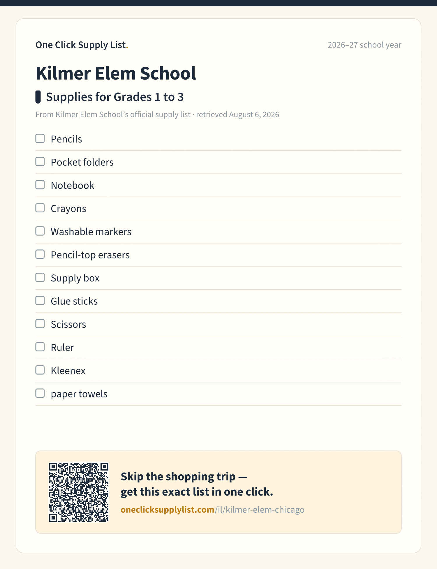 Kilmer Elem School Supplies for Grades 1 to 3 supply list — printable image