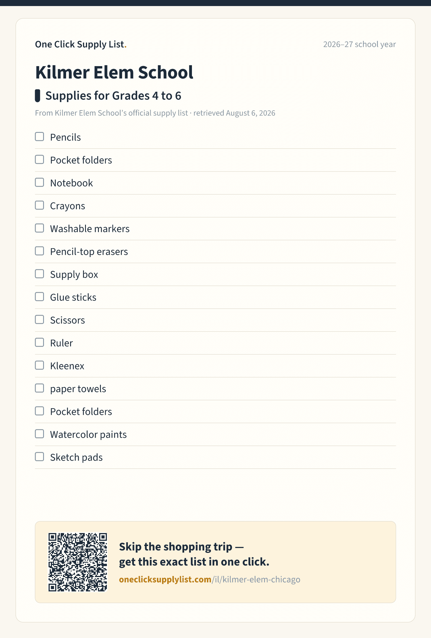 Kilmer Elem School Supplies for Grades 4 to 6 supply list — printable image