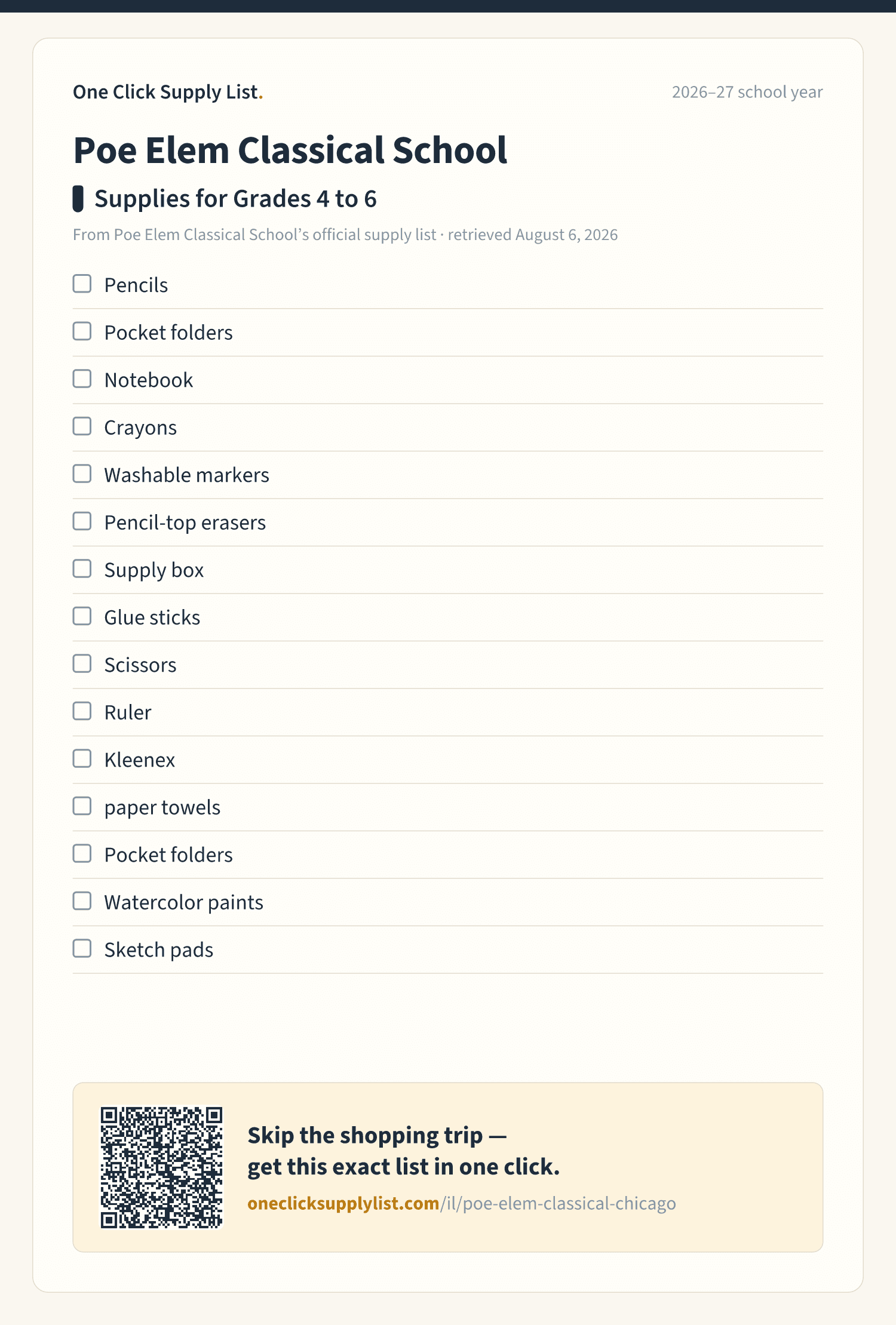 Poe Elem Classical School Supplies for Grades 4 to 6 supply list — printable image