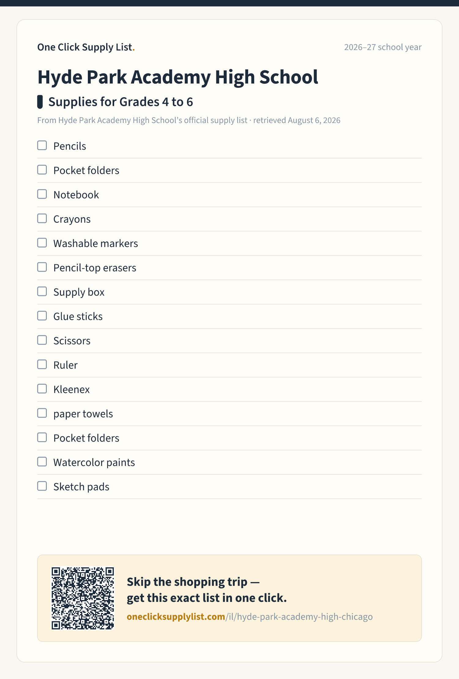 Hyde Park Academy High School Supplies for Grades 4 to 6 supply list — printable image