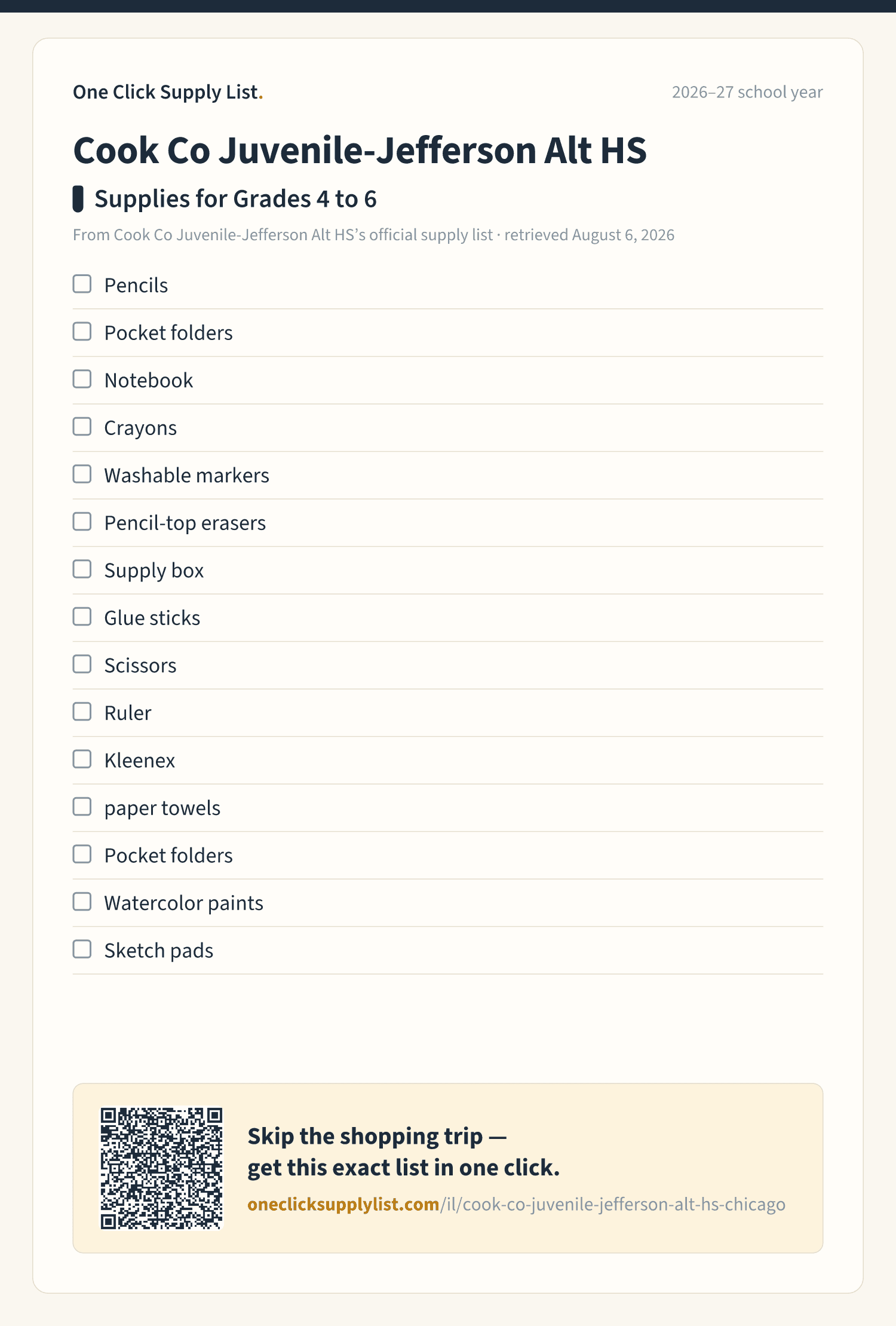 Cook Co Juvenile-Jefferson Alt HS Supplies for Grades 4 to 6 supply list — printable image