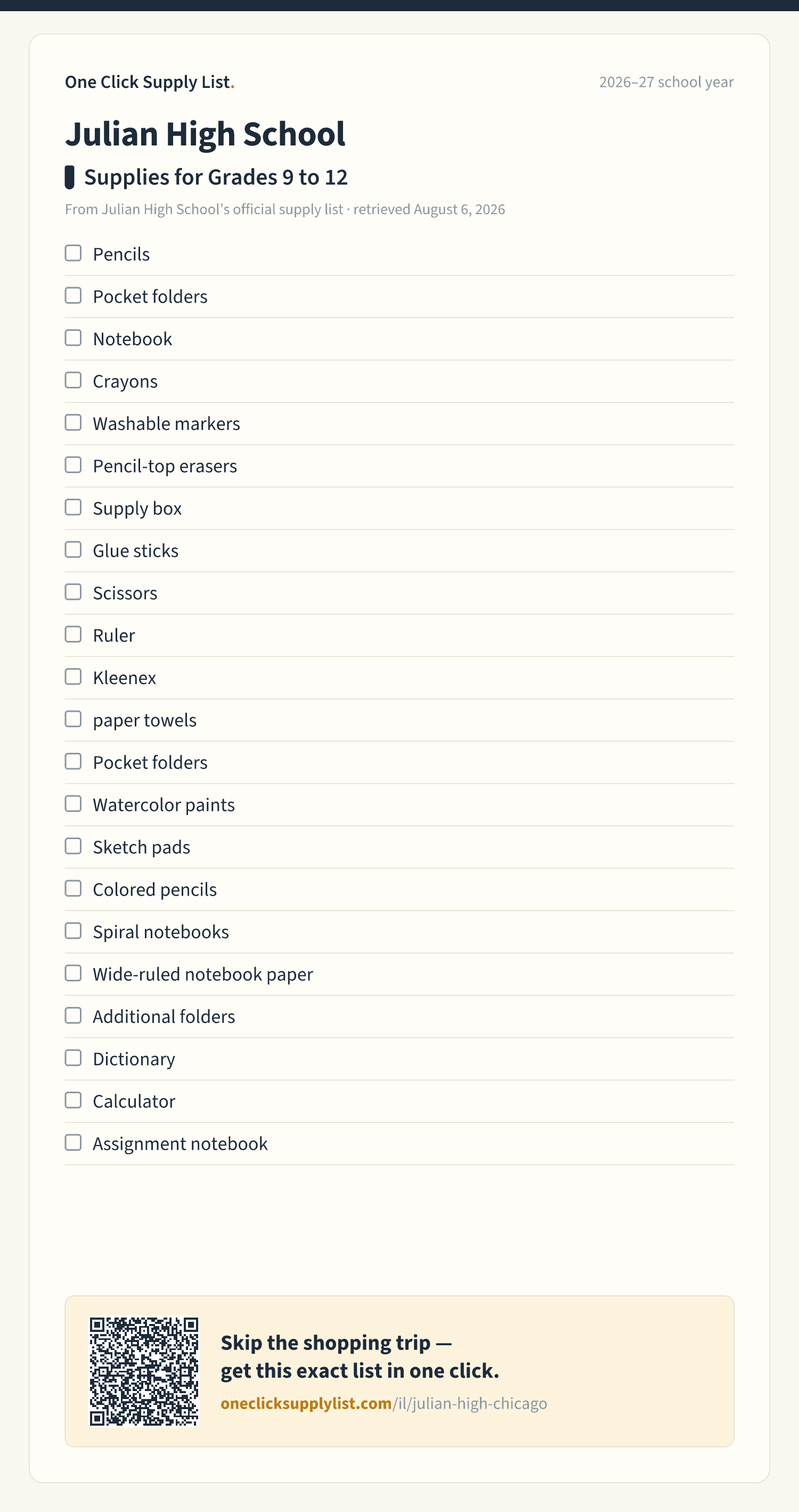 Julian High School Supplies for Grades 9 to 12 supply list — printable image