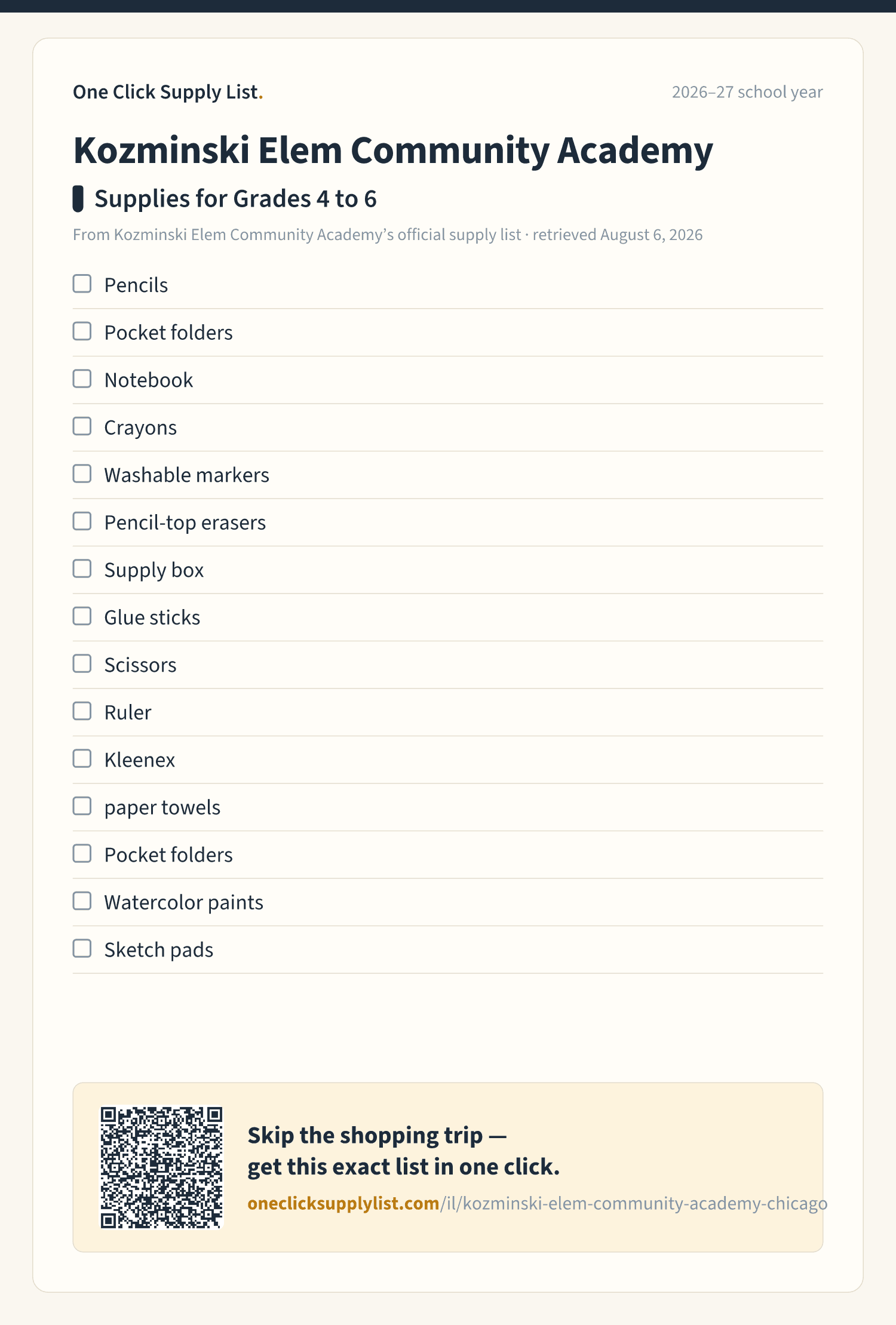 Kozminski Elem Community Academy Supplies for Grades 4 to 6 supply list — printable image
