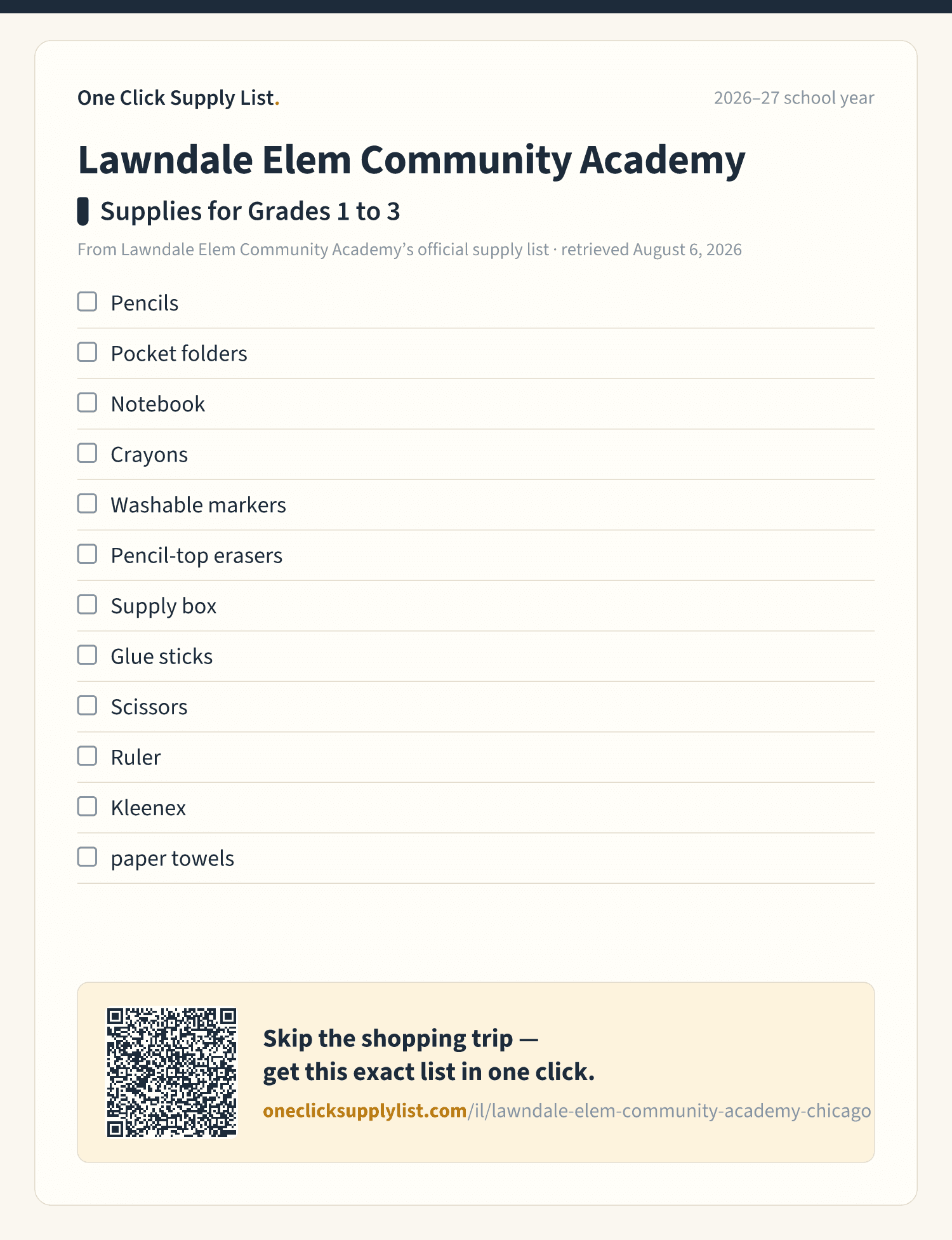 Lawndale Elem Community Academy Supplies for Grades 1 to 3 supply list — printable image