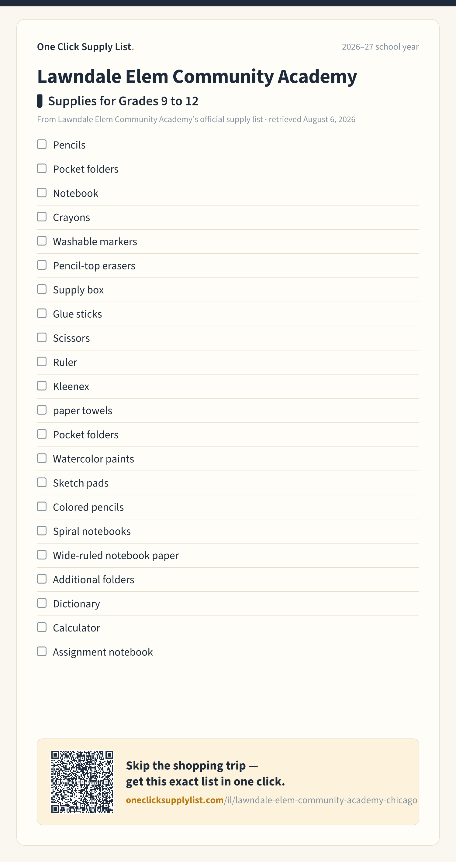 Lawndale Elem Community Academy Supplies for Grades 9 to 12 supply list — printable image