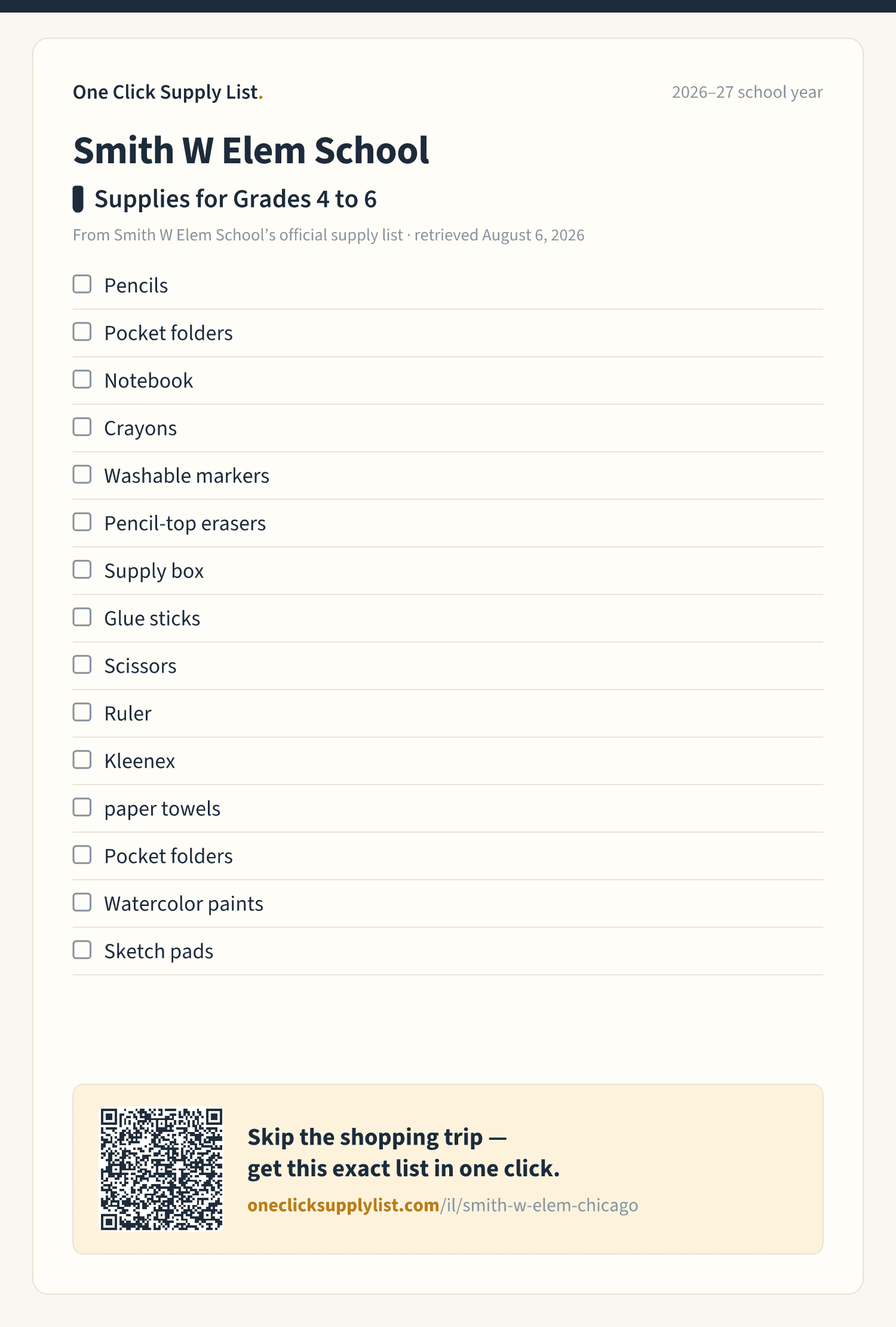 Smith W Elem School Supplies for Grades 4 to 6 supply list — printable image