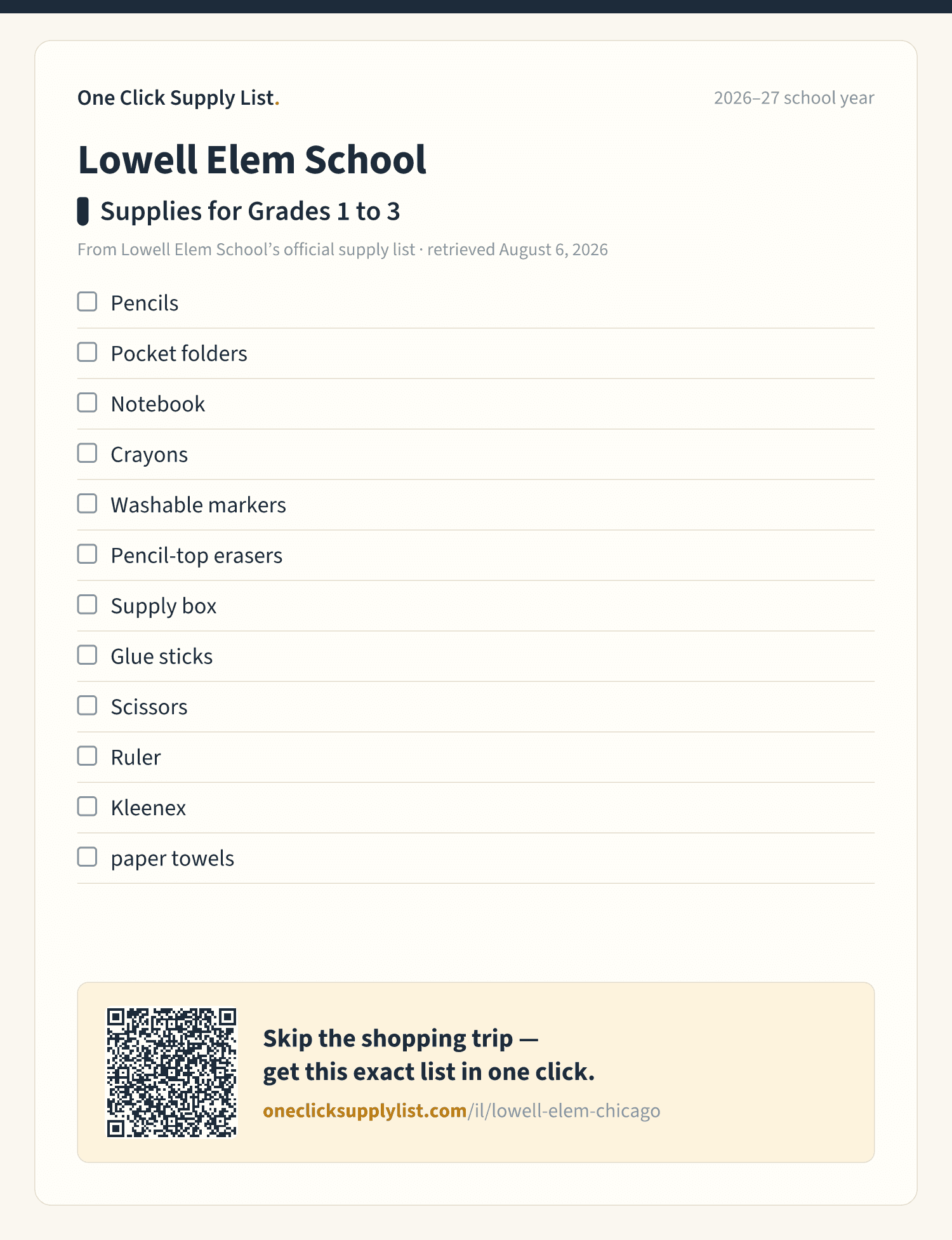 Lowell Elem School Supplies for Grades 1 to 3 supply list — printable image