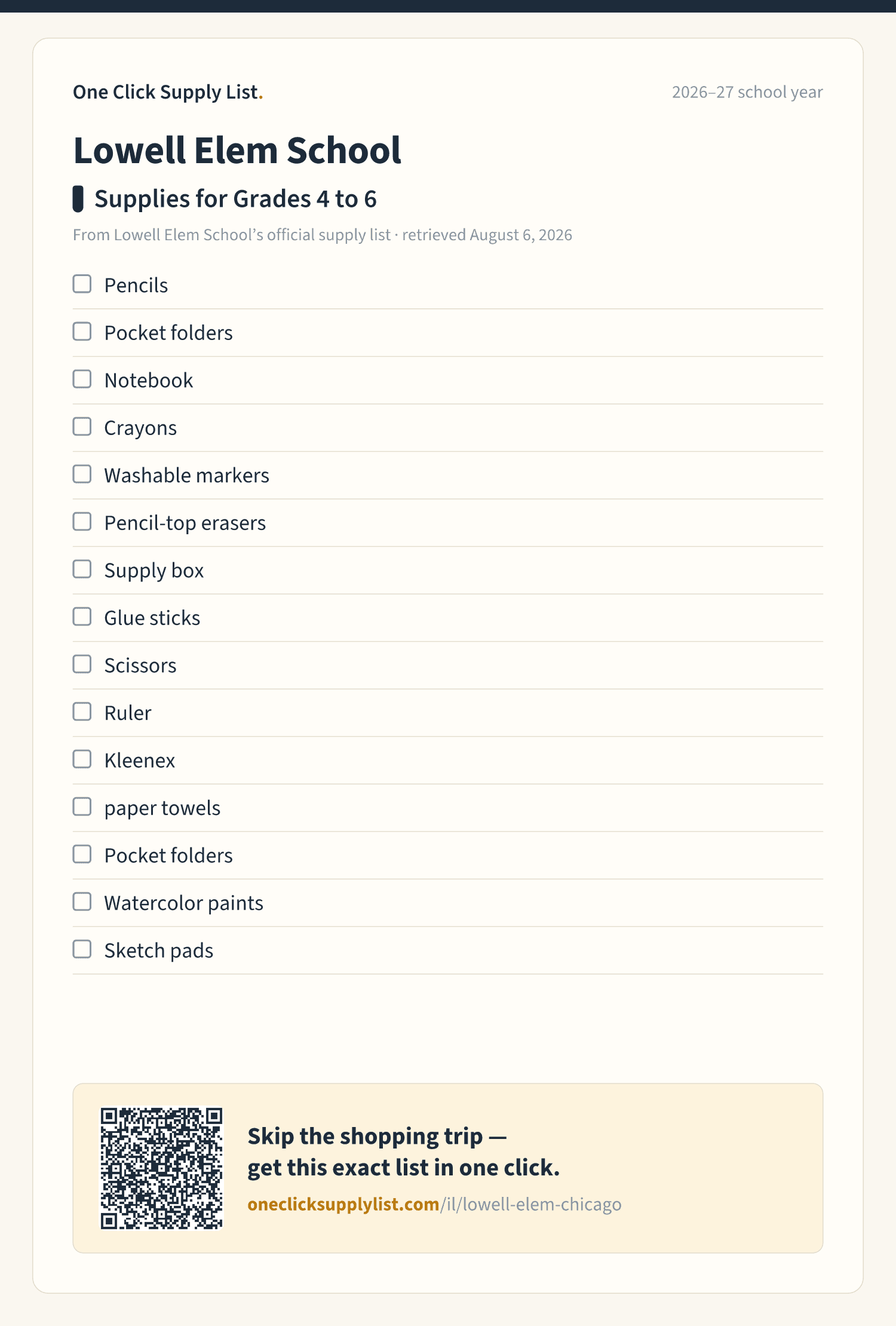 Lowell Elem School Supplies for Grades 4 to 6 supply list — printable image