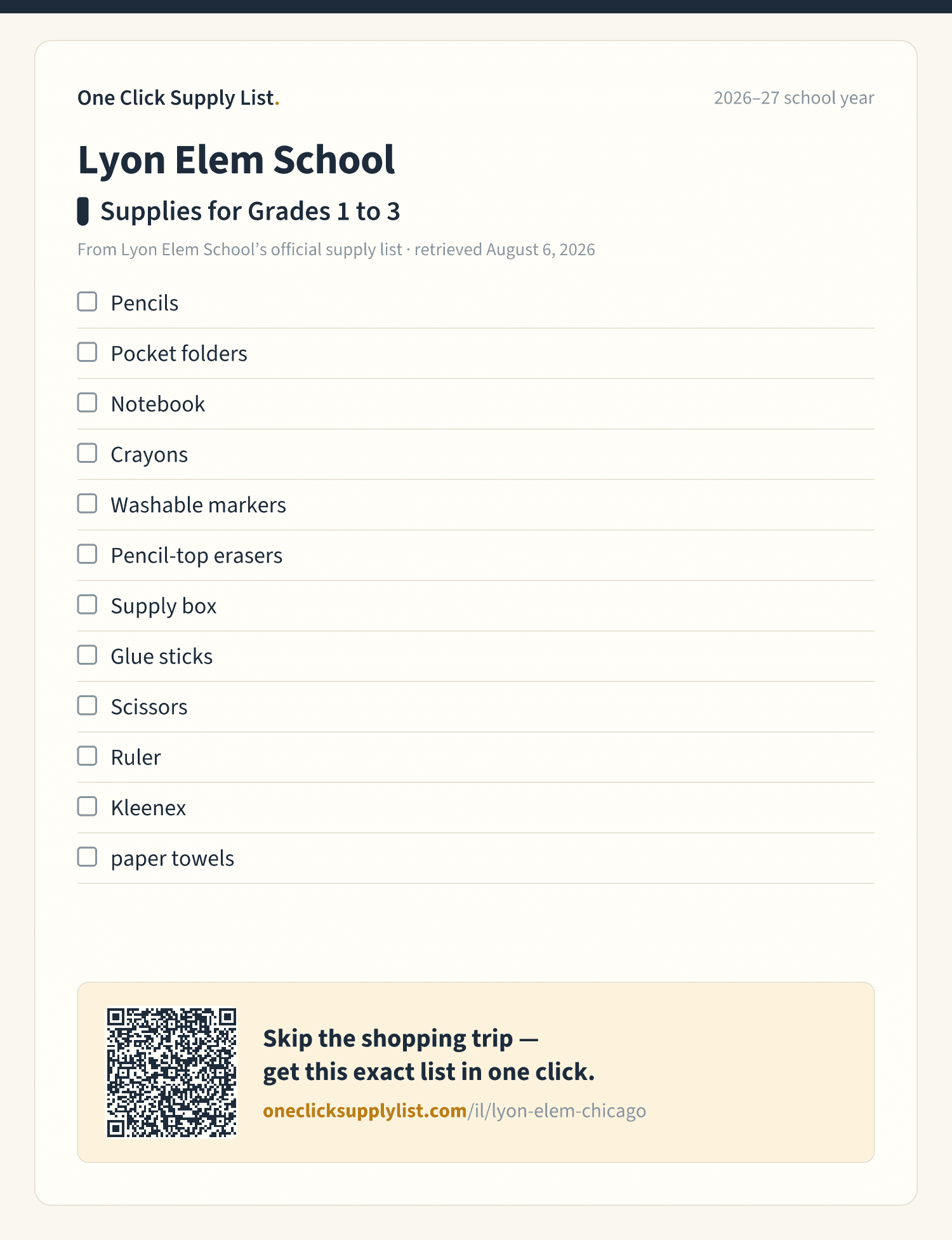 Lyon Elem School Supplies for Grades 1 to 3 supply list — printable image